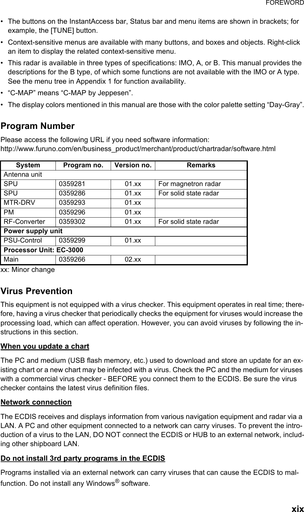 FOREWORDxix•  The buttons on the InstantAccess bar, Status bar and menu items are shown in brackets; for example, the [TUNE] button.•  Context-sensitive menus are available with many buttons, and boxes and objects. Right-click an item to display the related context-sensitive menu.•  This radar is available in three types of specifications: IMO, A, or B. This manual provides the descriptions for the B type, of which some functions are not available with the IMO or A type. See the menu tree in Appendix 1 for function availability.•  “C-MAP” means “C-MAP by Jeppesen”.•  The display colors mentioned in this manual are those with the color palette setting “Day-Gray”.Program NumberPlease access the following URL if you need software information:http://www.furuno.com/en/business_product/merchant/product/chartradar/software.htmlxx: Minor changeVirus PreventionThis equipment is not equipped with a virus checker. This equipment operates in real time; there-fore, having a virus checker that periodically checks the equipment for viruses would increase the processing load, which can affect operation. However, you can avoid viruses by following the in-structions in this section. When you update a chartThe PC and medium (USB flash memory, etc.) used to download and store an update for an ex-isting chart or a new chart may be infected with a virus. Check the PC and the medium for viruses with a commercial virus checker - BEFORE you connect them to the ECDIS. Be sure the virus checker contains the latest virus definition files. Network connectionThe ECDIS receives and displays information from various navigation equipment and radar via a LAN. A PC and other equipment connected to a network can carry viruses. To prevent the intro-duction of a virus to the LAN, DO NOT connect the ECDIS or HUB to an external network, includ-ing other shipboard LAN.Do not install 3rd party programs in the ECDISPrograms installed via an external network can carry viruses that can cause the ECDIS to mal-function. Do not install any Windows® software.System Program no. Version no. RemarksAntenna unitSPU 0359281 01.xx For magnetron radarSPU 0359286 01.xx For solid state radarMTR-DRV 0359293 01.xxPM 0359296 01.xxRF-Converter 0359302 01.xx For solid state radarPower supply unitPSU-Control 0359299 01.xxProcessor Unit: EC-3000Main 0359266 02.xx