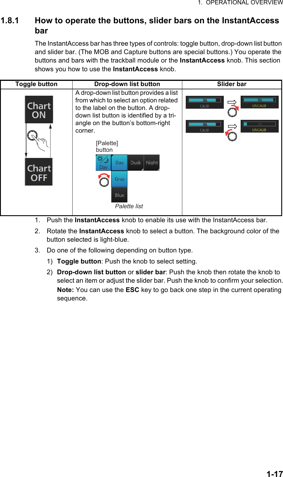 1.  OPERATIONAL OVERVIEW1-171.8.1 How to operate the buttons, slider bars on the InstantAccess barThe InstantAccess bar has three types of controls: toggle button, drop-down list button and slider bar. (The MOB and Capture buttons are special buttons.) You operate the buttons and bars with the trackball module or the InstantAccess knob. This section shows you how to use the InstantAccess knob.1. Push the InstantAccess knob to enable its use with the InstantAccess bar.2. Rotate the InstantAccess knob to select a button. The background color of the button selected is light-blue.3. Do one of the following depending on button type.1) Toggle button: Push the knob to select setting.2) Drop-down list button or slider bar: Push the knob then rotate the knob to select an item or adjust the slider bar. Push the knob to confirm your selection.Note: You can use the ESC key to go back one step in the current operating sequence.Toggle button Drop-down list button Slider barA drop-down list button provides a list from which to select an option related to the label on the button. A drop-down list button is identified by a tri-angle on the button’s bottom-right corner. [Palette] buttonPalette list