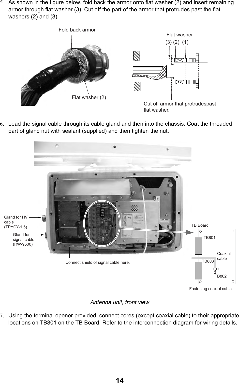  145.  As shown in the figure below, fold back the armor onto flat washer (2) and insert remaining armor through flat washer (3). Cut off the part of the armor that protrudes past the flat washers (2) and (3). Fold back armorFlat washer(3) (2)  (1)Flat washer (2)Cut off armor that protrudespast flat washer. 6.  Lead the signal cable through its cable gland and then into the chassis. Coat the threaded part of gland nut with sealant (supplied) and then tighten the nut. Gland for HV cable (TPYCY-1.5)Gland for signal cable (RW-9600)Connect shield of signal cable here.TB BoardFastening coaxial cableTB801TB803TB802Coaxial cable Antenna unit, front view 7.  Using the terminal opener provided, connect cores (except coaxial cable) to their appropriate locations on TB801 on the TB Board. Refer to the interconnection diagram for wiring details. 