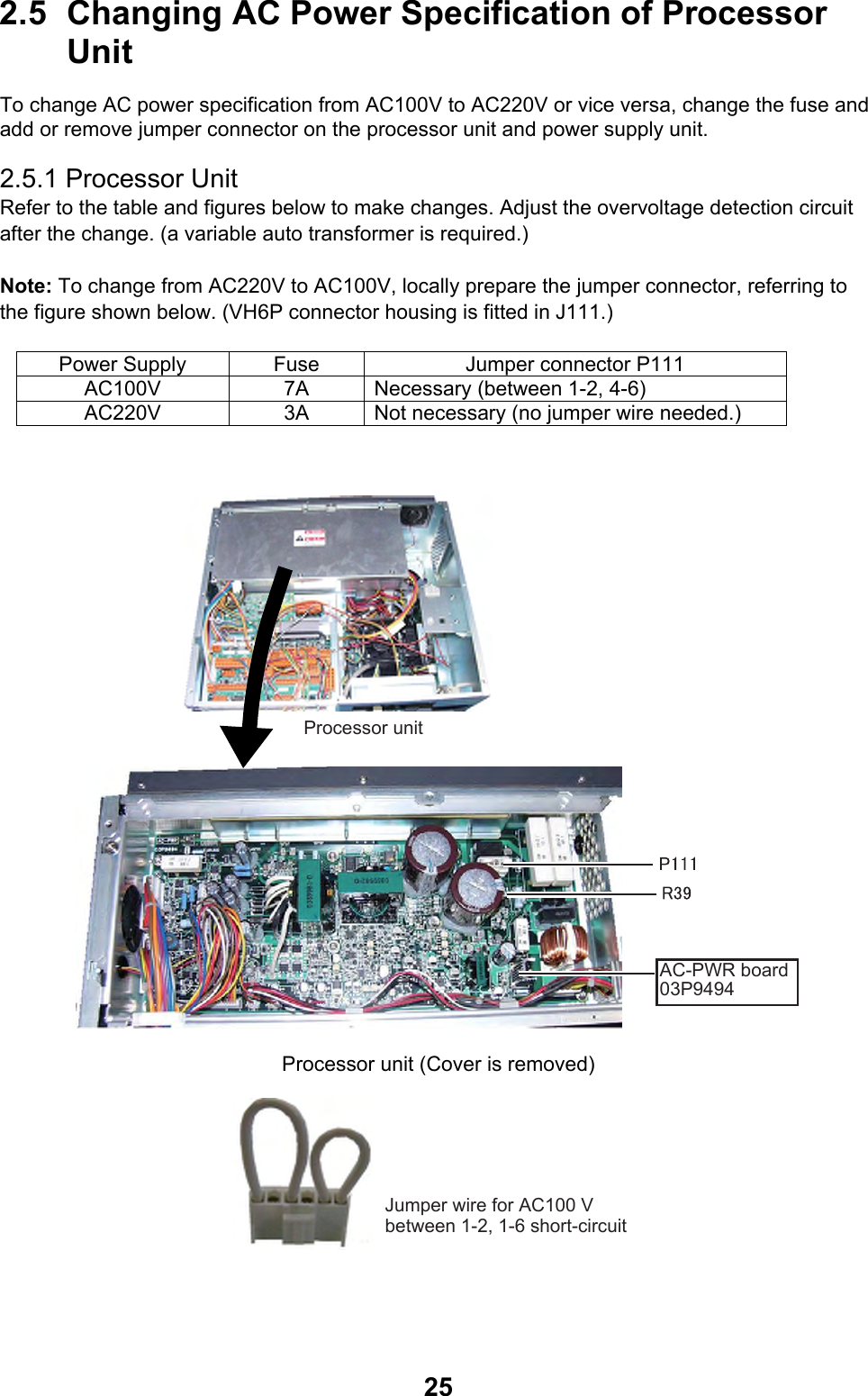  252.5  Changing AC Power Specification of Processor Unit To change AC power specification from AC100V to AC220V or vice versa, change the fuse and add or remove jumper connector on the processor unit and power supply unit.  2.5.1 Processor Unit Refer to the table and figures below to make changes. Adjust the overvoltage detection circuit after the change. (a variable auto transformer is required.)  Note: To change from AC220V to AC100V, locally prepare the jumper connector, referring to the figure shown below. (VH6P connector housing is fitted in J111.)  Power Supply  Fuse  Jumper connector P111 AC100V  7A  Necessary (between 1-2, 4-6) AC220V  3A  Not necessary (no jumper wire needed.)  Processor unitAC-PWR board03P9494 Processor unit (Cover is removed) Jumper wire for AC100 V between 1-2, 1-6 short-circuit 