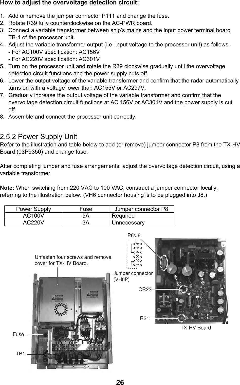  26How to adjust the overvoltage detection circuit: 1.  Add or remove the jumper connector P111 and change the fuse. 2.  Rotate R39 fully counterclockwise on the AC-PWR board. 3.  Connect a variable transformer between ship’s mains and the input power terminal board TB-1 of the processor unit. 4.  Adjust the variable transformer output (i.e. input voltage to the processor unit) as follows. - For AC100V specification: AC156V - For AC220V specification: AC301V 5.  Turn on the processor unit and rotate the R39 clockwise gradually until the overvoltage detection circuit functions and the power supply cuts off. 6.  Lower the output voltage of the variable transformer and confirm that the radar automatically turns on with a voltage lower than AC155V or AC297V. 7.  Gradually increase the output voltage of the variable transformer and confirm that the overvoltage detection circuit functions at AC 156V or AC301V and the power supply is cut off. 8.  Assemble and connect the processor unit correctly.  2.5.2 Power Supply Unit Refer to the illustration and table below to add (or remove) jumper connector P8 from the TX-HV Board (03P9350) and change fuse.  After completing jumper and fuse arrangements, adjust the overvoltage detection circuit, using a variable transformer.  Note: When switching from 220 VAC to 100 VAC, construct a jumper connector locally, referring to the illustration below. (VH6 connector housing is to be plugged into J8.)  Power Supply  Fuse  Jumper connector P8 AC100V 5A Required AC220V 3A Unnecessary FuseTX-HV BoardUnfasten four screws and removecover for TX-HV Board.R21CR23P8/J86 5 4 3 2 1Jumper connector(VH6P)TB1 