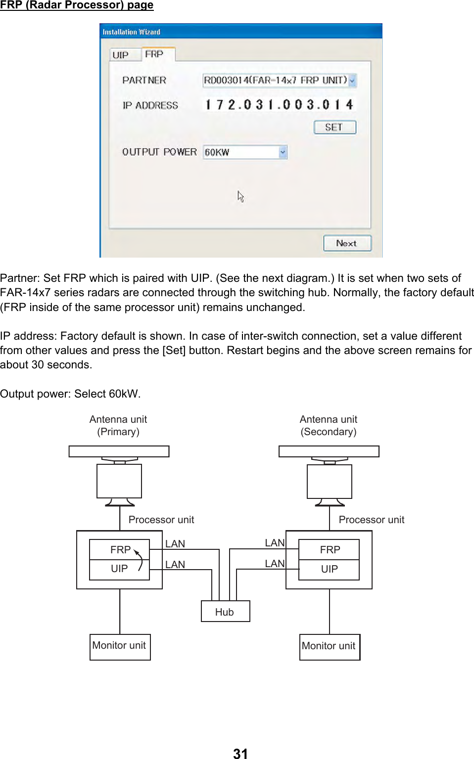  31FRP (Radar Processor) page  Partner: Set FRP which is paired with UIP. (See the next diagram.) It is set when two sets of FAR-14x7 series radars are connected through the switching hub. Normally, the factory default (FRP inside of the same processor unit) remains unchanged.  IP address: Factory default is shown. In case of inter-switch connection, set a value different from other values and press the [Set] button. Restart begins and the above screen remains for about 30 seconds.  Output power: Select 60kW. UIPFRPUIPFRPFRPUIPFRPUIPLANLANLANLANAntenna unit (Primary)Antenna unit (Secondary)Processor unit Processor unitHubMonitor unit Monitor unit 