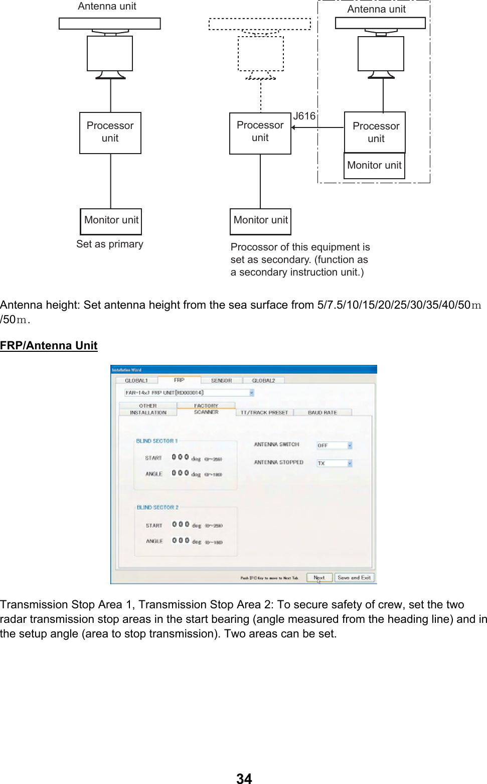  34J616Antenna unit Antenna unitProcessor unitProcessor unitProcessor unitMonitor unitMonitor unitMonitor unitSet as primary Procossor of this equipment is set as secondary. (function as a secondary instruction unit.) Antenna height: Set antenna height from the sea surface from 5/7.5/10/15/20/25/30/35/40/50ｍ/50ｍ. FRP/Antenna Unit  Transmission Stop Area 1, Transmission Stop Area 2: To secure safety of crew, set the two radar transmission stop areas in the start bearing (angle measured from the heading line) and in the setup angle (area to stop transmission). Two areas can be set. 