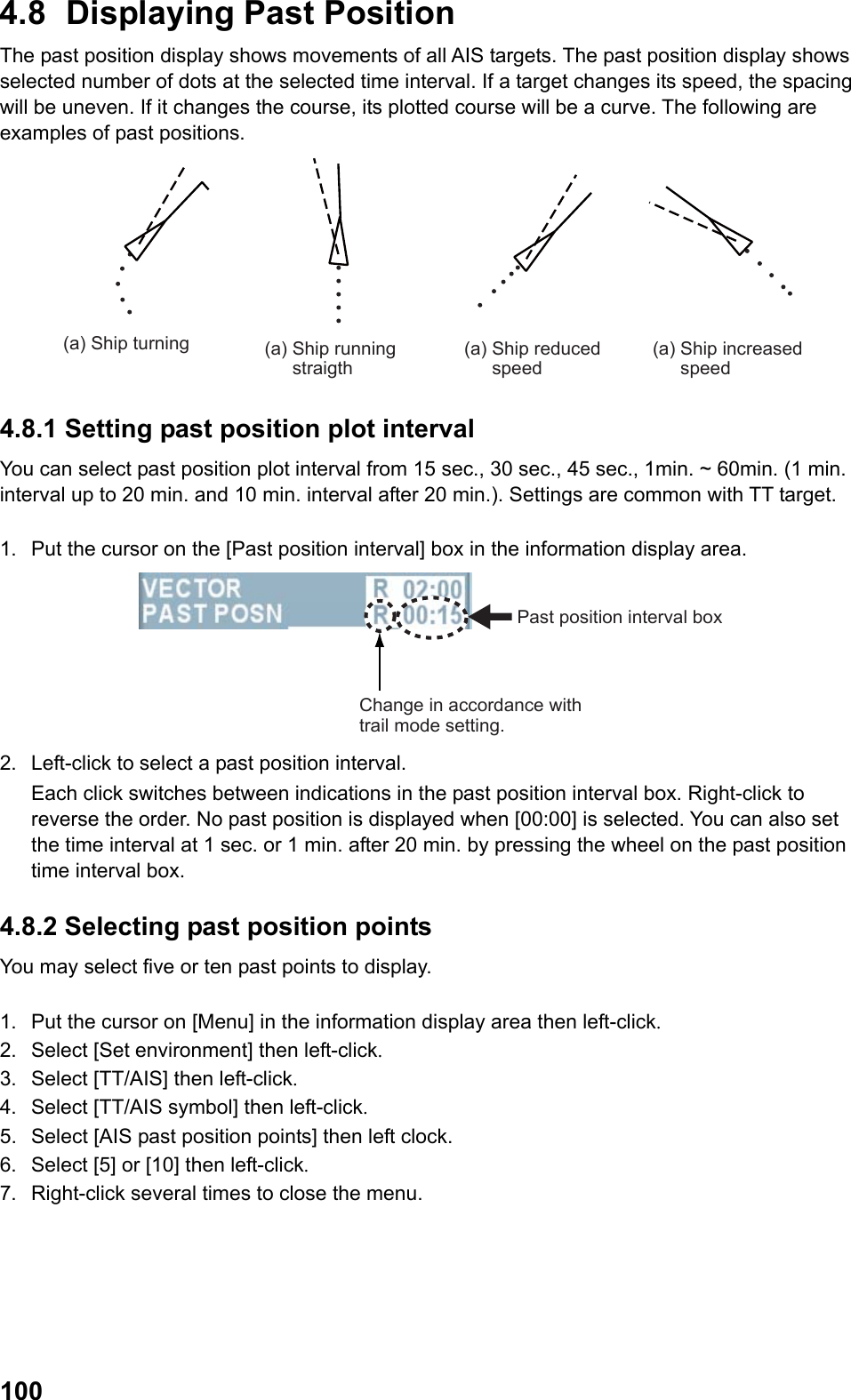  1004.8  Displaying Past Position The past position display shows movements of all AIS targets. The past position display shows selected number of dots at the selected time interval. If a target changes its speed, the spacing will be uneven. If it changes the course, its plotted course will be a curve. The following are examples of past positions. (a) Ship turning (a) Ship running straigth(a) Ship reduced speed(a) Ship increased speed 4.8.1 Setting past position plot interval You can select past position plot interval from 15 sec., 30 sec., 45 sec., 1min. ~ 60min. (1 min. interval up to 20 min. and 10 min. interval after 20 min.). Settings are common with TT target.  1.  Put the cursor on the [Past position interval] box in the information display area. Past position interval boxChange in accordance with trail mode setting. 2.  Left-click to select a past position interval.  Each click switches between indications in the past position interval box. Right-click to reverse the order. No past position is displayed when [00:00] is selected. You can also set the time interval at 1 sec. or 1 min. after 20 min. by pressing the wheel on the past position time interval box. 4.8.2 Selecting past position points You may select five or ten past points to display.  1.  Put the cursor on [Menu] in the information display area then left-click. 2.  Select [Set environment] then left-click. 3.  Select [TT/AIS] then left-click. 4.  Select [TT/AIS symbol] then left-click. 5.  Select [AIS past position points] then left clock. 6.  Select [5] or [10] then left-click. 7.  Right-click several times to close the menu. 