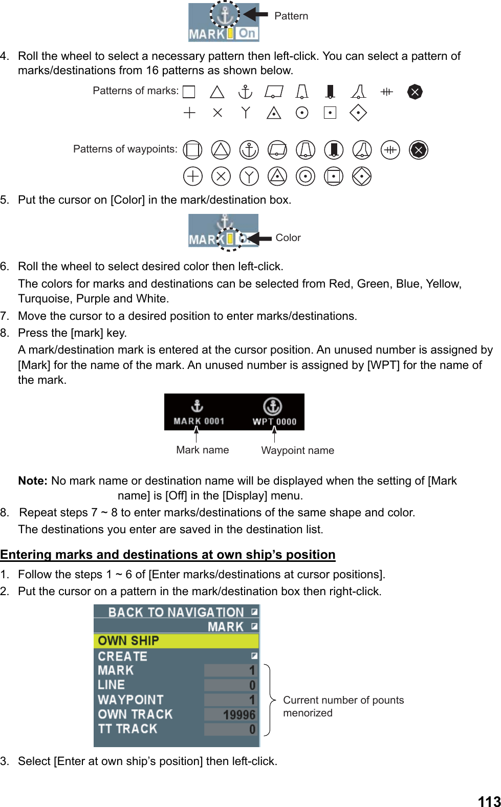  113Pattern 4.  Roll the wheel to select a necessary pattern then left-click. You can select a pattern of marks/destinations from 16 patterns as shown below. Patterns of marks:Patterns of waypoints: 5.  Put the cursor on [Color] in the mark/destination box. Color 6.  Roll the wheel to select desired color then left-click.  The colors for marks and destinations can be selected from Red, Green, Blue, Yellow, Turquoise, Purple and White. 7.  Move the cursor to a desired position to enter marks/destinations. 8.  Press the [mark] key.  A mark/destination mark is entered at the cursor position. An unused number is assigned by [Mark] for the name of the mark. An unused number is assigned by [WPT] for the name of the mark. Mark name Waypoint name Note: No mark name or destination name will be displayed when the setting of [Mark   name] is [Off] in the [Display] menu. 8.  Repeat steps 7 ~ 8 to enter marks/destinations of the same shape and color.  The destinations you enter are saved in the destination list. Entering marks and destinations at own ship’s position 1.  Follow the steps 1 ~ 6 of [Enter marks/destinations at cursor positions]. 2.  Put the cursor on a pattern in the mark/destination box then right-click. Current number of pounts menorized 3.  Select [Enter at own ship’s position] then left-click.  