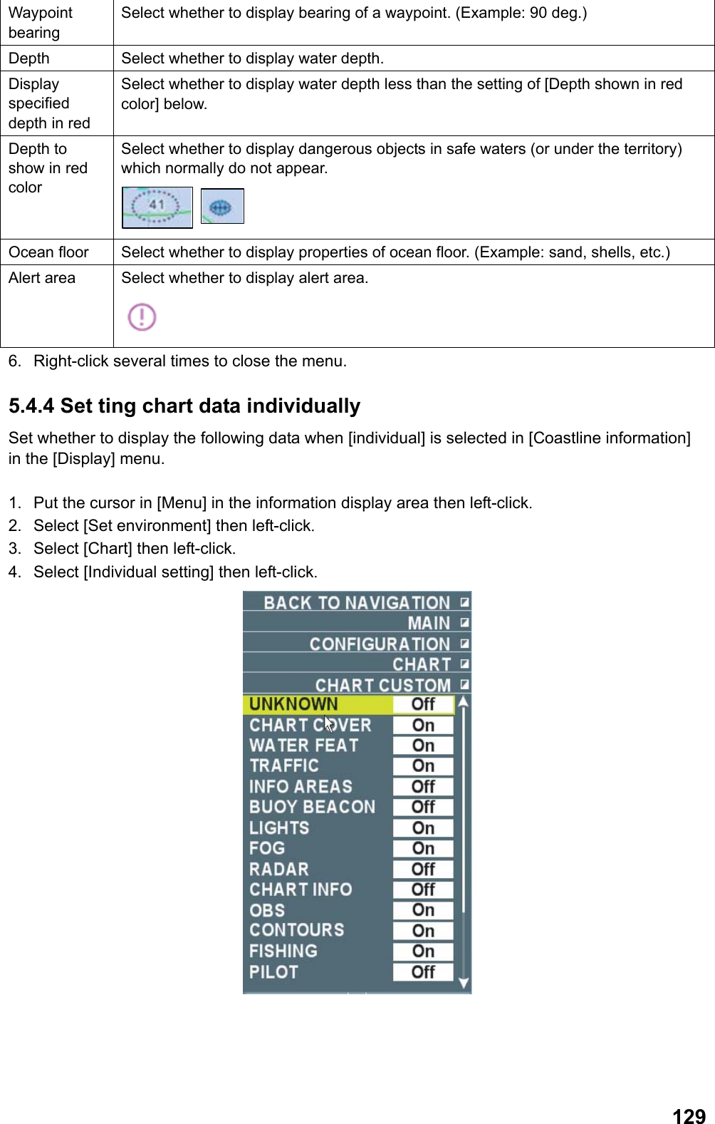  129Waypoint bearing Select whether to display bearing of a waypoint. (Example: 90 deg.) Depth  Select whether to display water depth. Display specified depth in red Select whether to display water depth less than the setting of [Depth shown in red color] below. Depth to show in red color Select whether to display dangerous objects in safe waters (or under the territory) which normally do not appear.  Ocean floor  Select whether to display properties of ocean floor. (Example: sand, shells, etc.) Alert area  Select whether to display alert area.  6.  Right-click several times to close the menu. 5.4.4 Set ting chart data individually Set whether to display the following data when [individual] is selected in [Coastline information] in the [Display] menu.  1.  Put the cursor in [Menu] in the information display area then left-click. 2.  Select [Set environment] then left-click. 3.  Select [Chart] then left-click. 4.  Select [Individual setting] then left-click.  