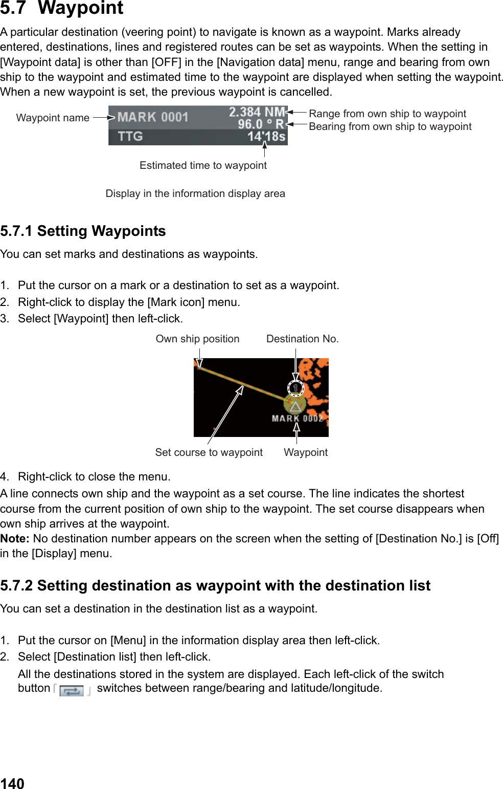  1405.7 Waypoint A particular destination (veering point) to navigate is known as a waypoint. Marks already entered, destinations, lines and registered routes can be set as waypoints. When the setting in [Waypoint data] is other than [OFF] in the [Navigation data] menu, range and bearing from own ship to the waypoint and estimated time to the waypoint are displayed when setting the waypoint. When a new waypoint is set, the previous waypoint is cancelled. Waypoint nameEstimated time to waypointRange from own ship to waypoint Bearing from own ship to waypointDisplay in the information display area 5.7.1 Setting Waypoints You can set marks and destinations as waypoints.  1.  Put the cursor on a mark or a destination to set as a waypoint. 2.  Right-click to display the [Mark icon] menu. 3.  Select [Waypoint] then left-click. Own ship position Destination No.Set course to waypoint Waypoint 4.  Right-click to close the menu.  A line connects own ship and the waypoint as a set course. The line indicates the shortest course from the current position of own ship to the waypoint. The set course disappears when own ship arrives at the waypoint. Note: No destination number appears on the screen when the setting of [Destination No.] is [Off] in the [Display] menu. 5.7.2 Setting destination as waypoint with the destination list You can set a destination in the destination list as a waypoint.  1.  Put the cursor on [Menu] in the information display area then left-click. 2.  Select [Destination list] then left-click.  All the destinations stored in the system are displayed. Each left-click of the switch button switches between range/bearing and latitude/longitude. 