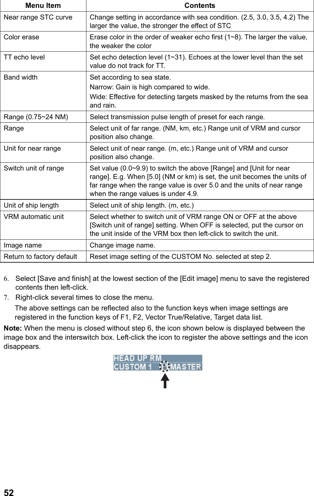  52Menu Item  Contents Near range STC curve Change setting in accordance with sea condition. (2.5, 3.0, 3.5, 4.2) The larger the value, the stronger the effect of STC Color erase  Erase color in the order of weaker echo first (1~8). The larger the value, the weaker the color TT echo level Set echo detection level (1~31). Echoes at the lower level than the set value do not track for TT. Band width  Set according to sea state.  Narrow: Gain is high compared to wide. Wide: Effective for detecting targets masked by the returns from the sea and rain. Range (0.75~24 NM) Select transmission pulse length of preset for each range. Range Select unit of far range. (NM, km, etc.) Range unit of VRM and cursor position also change. Unit for near range Select unit of near range. (m, etc.) Range unit of VRM and cursor position also change. Switch unit of range Set value (0.0~9.9) to switch the above [Range] and [Unit for near range]. E.g. When [5.0] (NM or km) is set, the unit becomes the units of far range when the range value is over 5.0 and the units of near range when the range values is under 4.9. Unit of ship length  Select unit of ship length. (m, etc.) VRM automatic unit  Select whether to switch unit of VRM range ON or OFF at the above [Switch unit of range] setting. When OFF is selected, put the cursor on the unit inside of the VRM box then left-click to switch the unit. Image name  Change image name. Return to factory default  Reset image setting of the CUSTOM No. selected at step 2.  6.  Select [Save and finish] at the lowest section of the [Edit image] menu to save the registered contents then left-click. 7.  Right-click several times to close the menu. The above settings can be reflected also to the function keys when image settings are registered in the function keys of F1, F2, Vector True/Relative, Target data list. Note: When the menu is closed without step 6, the icon shown below is displayed between the image box and the interswitch box. Left-click the icon to register the above settings and the icon disappears.  