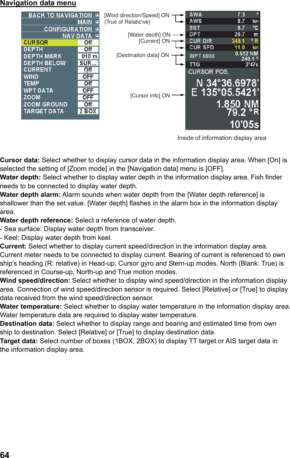  64Navigation data menu [Wind direction/Speed] ON(True of Relatic\ve)[Cursor info] ONInside of information display area[Destination data] ON[Water deoth] ON[Current] ON  Cursor data: Select whether to display cursor data in the information display area. When [On] is selected the setting of [Zoom mode] in the [Navigation data] menu is [OFF]. Water depth: Select whether to display water depth in the information display area. Fish finder needs to be connected to display water depth. Water depth alarm: Alarm sounds when water depth from the [Water depth reference] is shallower than the set value. [Water depth] flashes in the alarm box in the information display area. Water depth reference: Select a reference of water depth. - Sea surface: Display water depth from transceiver. - Keel: Display water depth from keel. Current: Select whether to display current speed/direction in the information display area. Current meter needs to be connected to display current. Bearing of current is referenced to own ship’s heading (R: relative) in Head-up, Cursor gyro and Stern-up modes. North (Blank: True) is referenced in Course-up, North-up and True motion modes. Wind speed/direction: Select whether to display wind speed/direction in the information display area. Connection of wind speed/direction sensor is required. Select [Relative] or [True] to display data received from the wind speed/direction sensor. Water temperature: Select whether to display water temperature in the information display area. Water temperature data are required to display water temperature. Destination data: Select whether to display range and bearing and estimated time from own ship to destination. Select [Relative] or [True] to display destination data. Target data: Select number of boxes (1BOX, 2BOX) to display TT target or AIS target data in the information display area. 