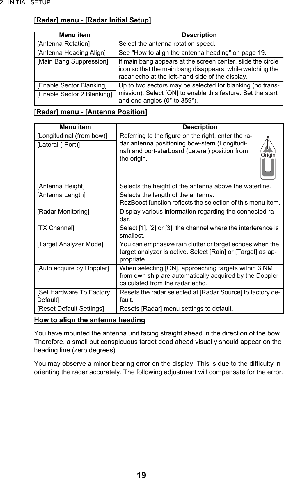 2.  INITIAL SETUP19[Radar] menu - [Radar Initial Setup][Radar] menu - [Antenna Position]How to align the antenna headingYou have mounted the antenna unit facing straight ahead in the direction of the bow. Therefore, a small but conspicuous target dead ahead visually should appear on the heading line (zero degrees). You may observe a minor bearing error on the display. This is due to the difficulty in orienting the radar accurately. The following adjustment will compensate for the error.Menu item Description[Antenna Rotation] Select the antenna rotation speed.[Antenna Heading Align] See &quot;How to align the antenna heading&quot; on page 19.[Main Bang Suppression] If main bang appears at the screen center, slide the circle icon so that the main bang disappears, while watching the radar echo at the left-hand side of the display.[Enable Sector Blanking] Up to two sectors may be selected for blanking (no trans-mission). Select [ON] to enable this feature. Set the start and end angles (0° to 359°).[Enable Sector 2 Blanking]Menu item Description[Longitudinal (from bow)] Referring to the figure on the right, enter the ra-dar antenna positioning bow-stern (Longitudi-nal) and port-starboard (Lateral) position from the origin.[Lateral (-Port)][Antenna Height] Selects the height of the antenna above the waterline.[Antenna Length] Selects the length of the antenna.RezBoost function reflects the selection of this menu item.[Radar Monitoring] Display various information regarding the connected ra-dar.[TX Channel] Select [1], [2] or [3], the channel where the interference is smallest.[Target Analyzer Mode] You can emphasize rain clutter or target echoes when the target analyzer is active. Select [Rain] or [Target] as ap-propriate.[Auto acquire by Doppler] When selecting [ON], approaching targets within 3 NM from own ship are automatically acquired by the Doppler calculated from the radar echo.[Set Hardware To Factory Default]Resets the radar selected at [Radar Source] to factory de-fault.[Reset Default Settings] Resets [Radar] menu settings to default.OriginOrigin