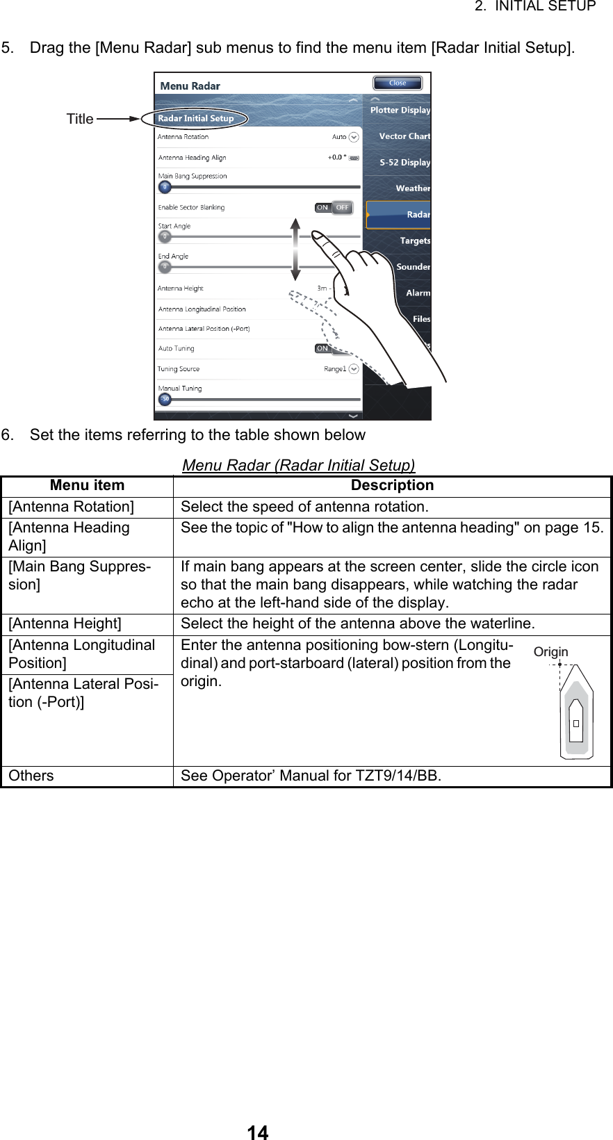 2.  INITIAL SETUP145. Drag the [Menu Radar] sub menus to find the menu item [Radar Initial Setup]. 6. Set the items referring to the table shown belowMenu Radar (Radar Initial Setup)Menu item Description[Antenna Rotation] Select the speed of antenna rotation.[Antenna Heading Align]See the topic of &quot;How to align the antenna heading&quot; on page 15.[Main Bang Suppres-sion]If main bang appears at the screen center, slide the circle icon so that the main bang disappears, while watching the radar echo at the left-hand side of the display.[Antenna Height] Select the height of the antenna above the waterline.[Antenna Longitudinal Position]Enter the antenna positioning bow-stern (Longitu-dinal) and port-starboard (lateral) position from the origin.[Antenna Lateral Posi-tion (-Port)]Others See Operator’ Manual for TZT9/14/BB.TitleOrigin