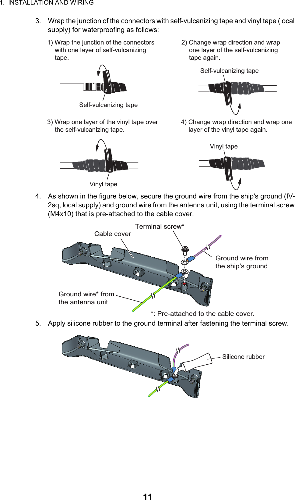 1.  INSTALLATION AND WIRING113. Wrap the junction of the connectors with self-vulcanizing tape and vinyl tape (local supply) for waterproofing as follows:4. As shown in the figure below, secure the ground wire from the ship&apos;s ground (IV-2sq, local supply) and ground wire from the antenna unit, using the terminal screw (M4x10) that is pre-attached to the cable cover.5. Apply silicone rubber to the ground terminal after fastening the terminal screw.Self-vulcanizing tape1) Wrap the junction of the connectors with one layer of self-vulcanizing tape.2) Change wrap direction and wrap one layer of the self-vulcanizing tape again.Self-vulcanizing tape3) Wrap one layer of the vinyl tape over the self-vulcanizing tape.Vinyl tape4) Change wrap direction and wrap one layer of the vinyl tape again.Vinyl tapeGround wire from the ship’s ground*: Pre-attached to the cable cover.Ground wire* from the antenna unitCable coverTerminal screw*Silicone rubber