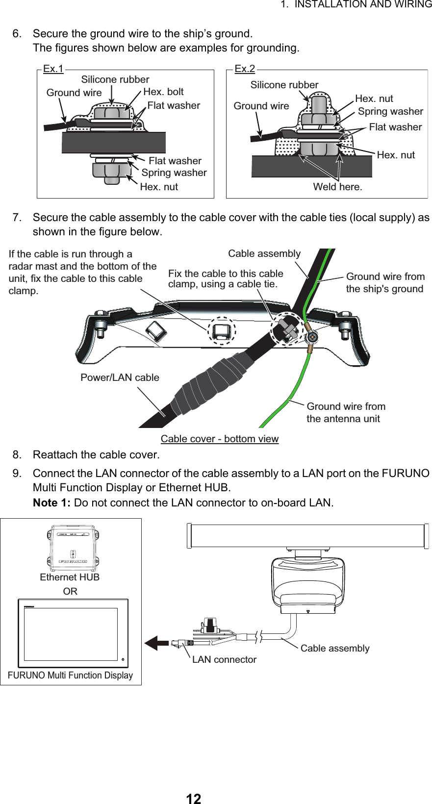 1.  INSTALLATION AND WIRING126. Secure the ground wire to the ship’s ground.The figures shown below are examples for grounding.7. Secure the cable assembly to the cable cover with the cable ties (local supply) as shown in the figure below.8. Reattach the cable cover.9. Connect the LAN connector of the cable assembly to a LAN port on the FURUNO Multi Function Display or Ethernet HUB.Note 1: Do not connect the LAN connector to on-board LAN.Ex.1 Ex.2Silicone rubber Silicone rubberHex. boltFlat washerFlat washerSpring washerHex. nutGround wireGround wire Hex. nutSpring washerFlat washerHex. nutWeld here.Fix the cable to this cable clamp, using a cable tie.Fix the cable to this cable clamp, using a cable tie. Ground wire from the ship&apos;s groundGround wire from the ship&apos;s groundCable assemblyCable assemblyPower/LAN cablePower/LAN cableGround wire from the antenna unitGround wire from the antenna unitIf the cable is run through a radar mast and the bottom of the unit, fix the cable to this cable clamp.If the cable is run through a radar mast and the bottom of the unit, fix the cable to this cable clamp.Cable cover - bottom viewCable assemblyLAN connectorEthernet HUBORFURUNO Multi Function Display