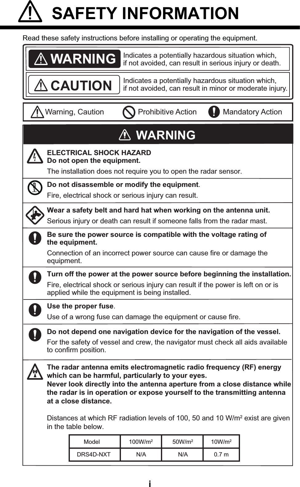 i SAFETY INFORMATION  Read these safety instructions before installing or operating the equipment.WARNINGIndicates a potentially hazardous situation which, if not avoided, can result in minor or moderate injury. Warning, Caution Prohibitive ActionCAUTION Mandatory ActionIndicates a potentially hazardous situation which, if not avoided, can result in serious injury or death. Wear a safety belt and hard hat when working on the antenna unit.Serious injury or death can result if someone falls from the radar mast.ELECTRICAL SHOCK HAZARDDo not open the equipment.The installation does not require you to open the radar sensor.Be sure the power source is compatible with the voltage rating of the equipment.Connection of an incorrect power source can cause fire or damage the equipment.Turn off the power at the power source before beginning the installation.Fire, electrical shock or serious injury can result if the power is left on or is applied while the equipment is being installed.WARNINGDo not disassemble or modify the equipment.Fire, electrical shock or serious injury can result.Use the proper fuse.Use of a wrong fuse can damage the equipment or cause fire.Do not depend one navigation device for the navigation of the vessel.For the safety of vessel and crew, the navigator must check all aids available to confirm position.The radar antenna emits electromagnetic radio frequency (RF) energy which can be harmful, particularly to your eyes.Never look directly into the antenna aperture from a close distance while the radar is in operation or expose yourself to the transmitting antenna at a close distance.Distances at which RF radiation levels of 100, 50 and 10 W/m2 exist are given in the table below.100W/m210W/m2ModelDRS4D-NXT N/A 0.7 m50W/m2N/A