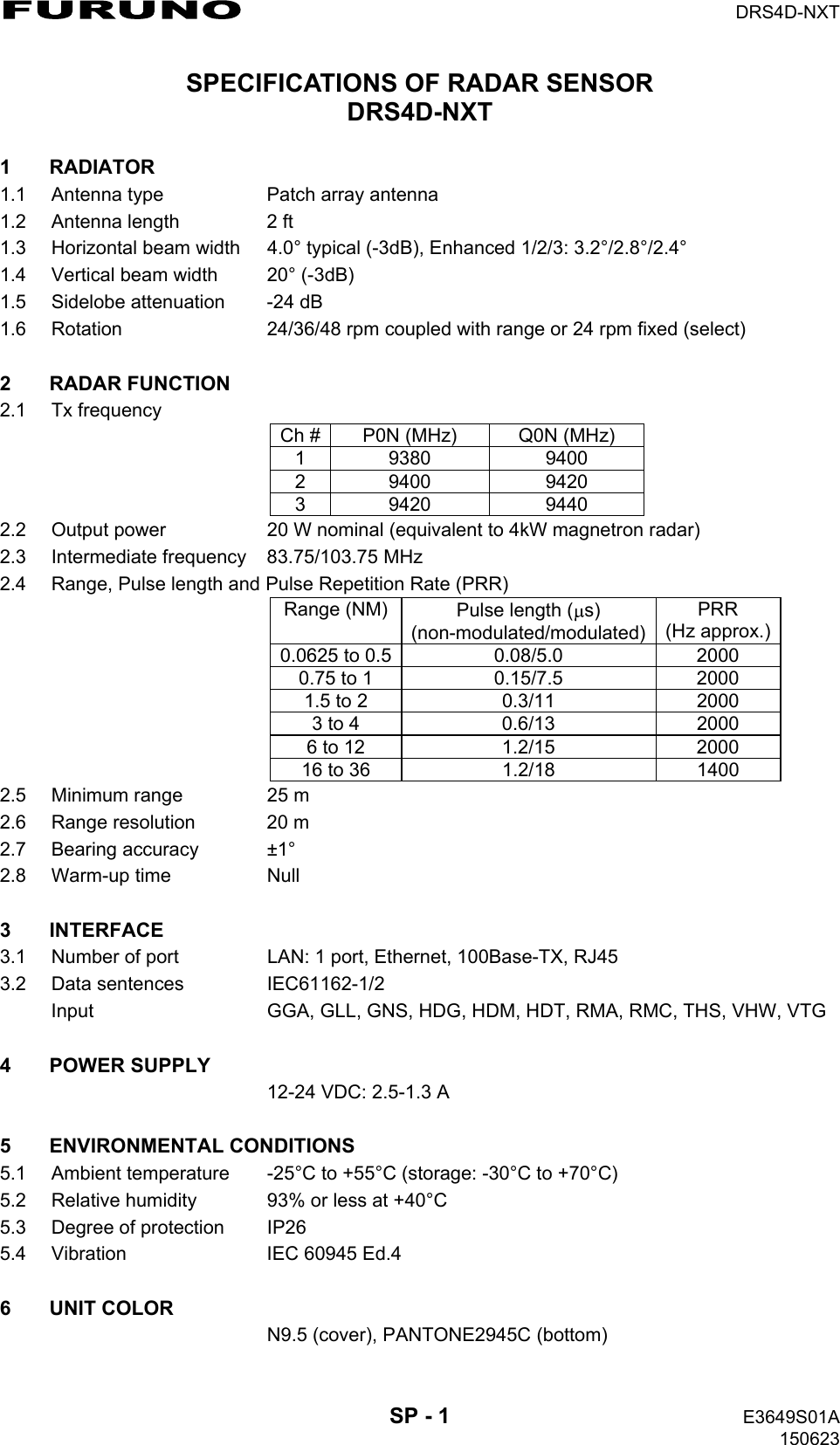 DRS4D-NXTSP - 1 E3649S01A 150623 SPECIFICATIONS OF RADAR SENSOR DRS4D-NXT1 RADIATOR 1.1  Antenna type  Patch array antenna 1.2  Antenna length  2 ft 1.3  Horizontal beam width  4.0° typical (-3dB), Enhanced 1/2/3: 3.2°/2.8°/2.4° 1.4  Vertical beam width  20° (-3dB) 1.5  Sidelobe attenuation  -24 dB 1.6  Rotation  24/36/48 rpm coupled with range or 24 rpm fixed (select) 2 RADAR FUNCTION 2.1 Tx frequency Ch # P0N (MHz)  Q0N (MHz) 1 9380  9400 2 9400  9420 3 9420  9440 2.2  Output power  20 W nominal (equivalent to 4kW magnetron radar) 2.3 Intermediate frequency 83.75/103.75 MHz 2.4  Range, Pulse length and Pulse Repetition Rate (PRR) Range (NM) Pulse length ( s)(non-modulated/modulated) PRR(Hz approx.)0.0625 to 0.5 0.08/5.0  2000 0.75 to 1  0.15/7.5  2000 1.5 to 2  0.3/11  2000 3 to 4  0.6/13  2000 6 to 12  1.2/15  2000 16 to 36  1.2/18  1400 2.5  Minimum range  25 m 2.6  Range resolution  20 m 2.7 Bearing accuracy  ±1° 2.8 Warm-up time  Null 3 INTERFACE 3.1  Number of port  LAN: 1 port, Ethernet, 100Base-TX, RJ45 3.2 Data sentences  IEC61162-1/2 Input  GGA, GLL, GNS, HDG, HDM, HDT, RMA, RMC, THS, VHW, VTG 4 POWER SUPPLY   12-24 VDC: 2.5-1.3 A 5 ENVIRONMENTAL CONDITIONS 5.1  Ambient temperature  -25°C to +55°C (storage: -30°C to +70°C) 5.2  Relative humidity  93% or less at +40°C 5.3  Degree of protection  IP26 5.4  Vibration  IEC 60945 Ed.4 6 UNIT COLOR   N9.5 (cover), PANTONE2945C (bottom) 