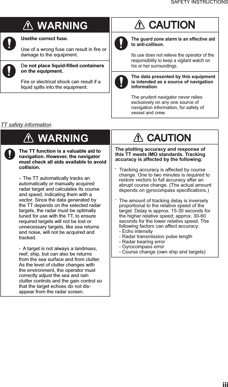 SAFETY INSTRUCTIONSiiiWARNINGUsethe correct fuse.Use of a wrong fuse can result in fire or damage to the equipment.Do not place liquid-filled containerson the equipment.Fire or electrical shock can result if a liquid spills into the equipment.CAUTIONCAUTIONThe guard zone alarm is an effective aid to anti-collison.Its use does not relieve the operator of the responsibility to keep a vigilant watch on his or her surroundings. The data presented by this equipment is intended as a source of navigation information.The prudent navigator never relies exclusively on any one source of navigation information, for safety of vessel and crew. WARNINGThe TT function is a valuable aid to navigation. However, the navigator must check all aids available to avoid collision.-  The TT automatically tracks an    automatically or manually acquired    radar target and calculates its course    and speed, indicating them with a    vector. Since the data generated by    the TT depends on the selected radar  targets, the radar must be optimally    tuned for use with the TT, to ensure    required targets will not be lost or    unnecessary targets, like sea returns    and noise, will not be acquired and    tracked.-  A target is not always a landmass,    reef, ship, but can also be returns    from the sea surface and from clutter.    As the level of clutter changes with    the environment, the operator must    correctly adjust the sea and rain    clutter controls and the gain control so    that the target echoes do not dis-   appear from the radar screen.TT safety informationCAUTIOCAUTIONThe plotting accuracy and response of this TT meets IMO standards. Tracking accuracy is affected by the following:•    Tracking accuracy is affected by course    change. One to two minutes is required to    restore vectors to full accuracy after an    abrupt course change. (The actual amount    depends on gyrocompass specifications.)• The amount of tracking delay is inversely    proportional to the relative speed of the    target. Delay is approx. 15-30 seconds for    the higher relative speed; approx. 30-60    seconds for the lower relative speed. The    following factors can affect accuracy:  - Echo intensity  - Radar transmission pulse length  - Radar bearing error  - Gyrocompass error  - Course change (own ship and targets)