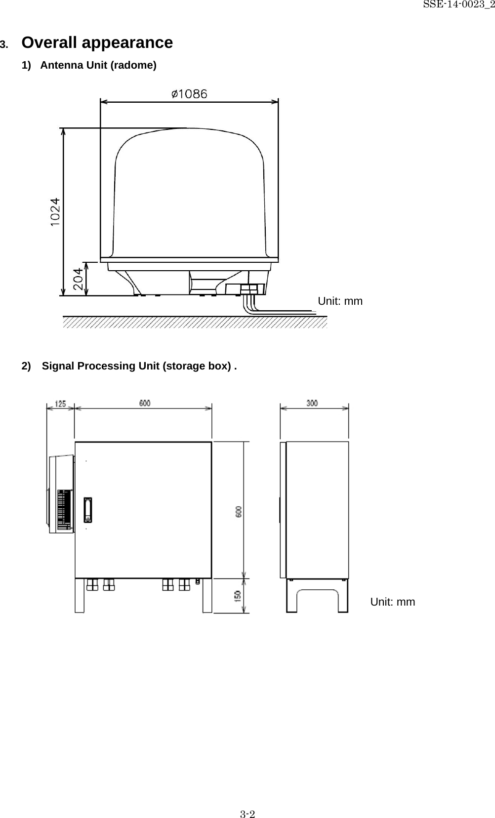 SSE-14-0023_2 3-2 3. Overall appearance                         2)  Signal Processing Unit (storage box) . 1) Antenna Unit (radome)   Unit: mm Unit: mm 