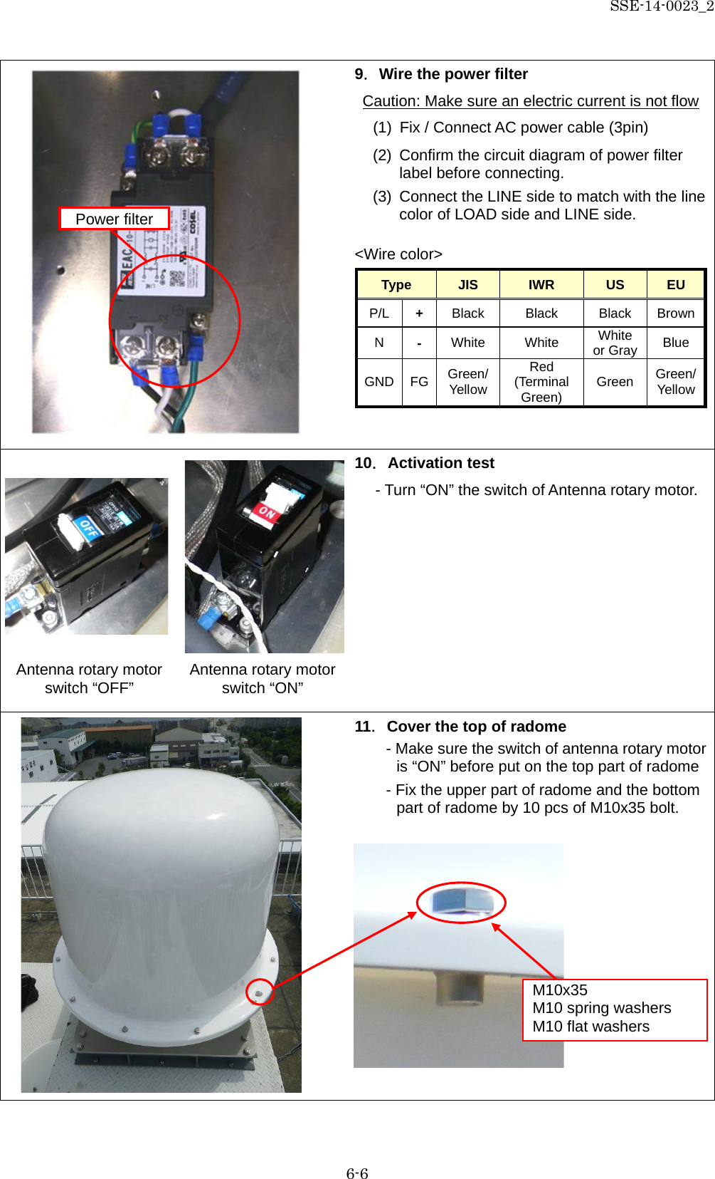 SSE-14-0023_2 6-6  9．Wire the power filter  Caution: Make sure an electric current is not flow (1) Fix / Connect AC power cable (3pin) (2) Confirm the circuit diagram of power filter label before connecting. (3) Connect the LINE side to match with the line color of LOAD side and LINE side.  &lt;Wire color&gt; Type JIS IWR US  EU P/L  +  Black  Black  Black  Brown N  -  White White White or Gray Blue GND FG Green/ Yellow Red (Terminal Green) Green Green/ Yellow     10．Activation test - Turn “ON” the switch of Antenna rotary motor.   Antenna rotary motor switch “OFF” Antenna rotary motor switch “ON”  11．Cover the top of radome - Make sure the switch of antenna rotary motor is “ON” before put on the top part of radome - Fix the upper part of radome and the bottom part of radome by 10 pcs of M10x35 bolt.   Power filter  M10x35 M10 spring washers M10 flat washers  