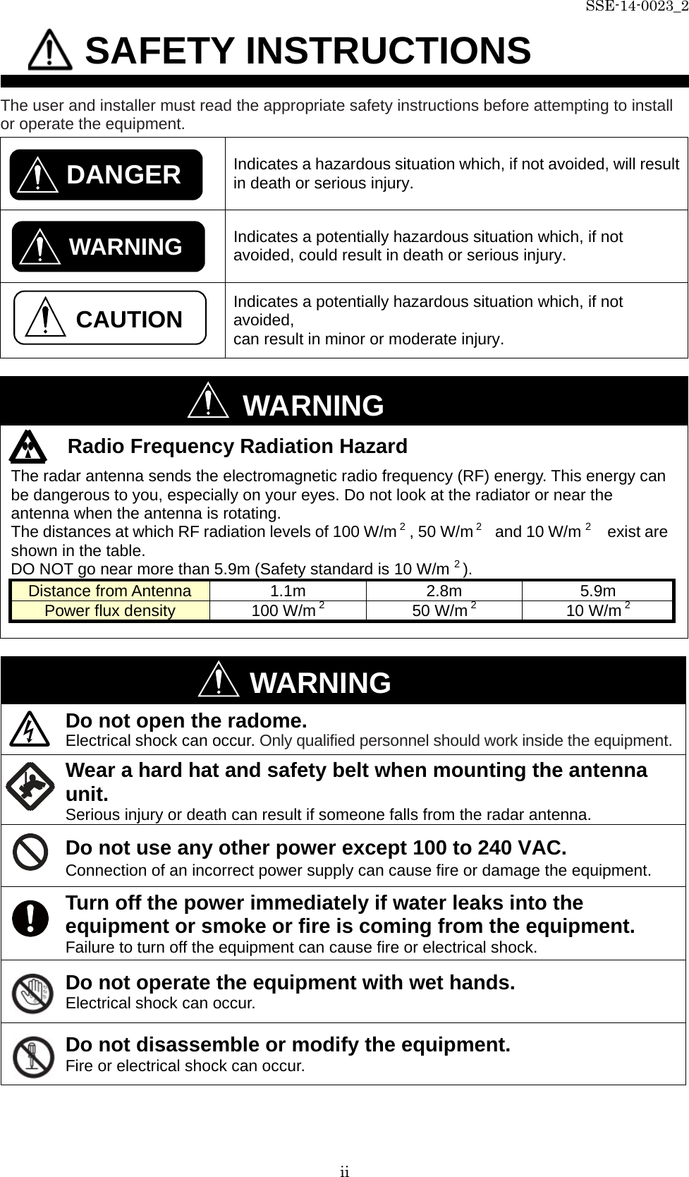 SSE-14-0023_2 ii            SAFETY INSTRUCTIONS  The user and installer must read the appropriate safety instructions before attempting to install or operate the equipment.  Indicates a hazardous situation which, if not avoided, will result in death or serious injury.  Indicates a potentially hazardous situation which, if not avoided, could result in death or serious injury.  Indicates a potentially hazardous situation which, if not avoided, can result in minor or moderate injury.   WARNING Radio Frequency Radiation Hazard The radar antenna sends the electromagnetic radio frequency (RF) energy. This energy can be dangerous to you, especially on your eyes. Do not look at the radiator or near the antenna when the antenna is rotating. The distances at which RF radiation levels of 100 W/m 2 , 50 W/m 2   and 10 W/m 2  exist are shown in the table. DO NOT go near more than 5.9m (Safety standard is 10 W/m 2 ). Distance from Antenna 1.1m 2.8m 5.9m Power flux density 100 W/m 2   50 W/m 2   10 W/m 2         WARNING Do not open the radome. Electrical shock can occur. Only qualified personnel should work inside the equipment.  Wear a hard hat and safety belt when mounting the antenna unit. Serious injury or death can result if someone falls from the radar antenna. Do not use any other power except 100 to 240 VAC. Connection of an incorrect power supply can cause fire or damage the equipment. Turn off the power immediately if water leaks into the equipment or smoke or fire is coming from the equipment. Failure to turn off the equipment can cause fire or electrical shock. Do not operate the equipment with wet hands. Electrical shock can occur. Do not disassemble or modify the equipment. Fire or electrical shock can occur. CAUTION WARNING DANGER 