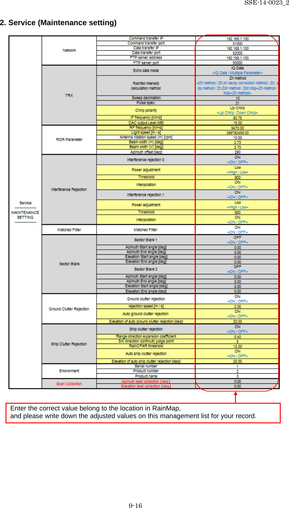 SSE-14-0023_2 9-16 2. Service (Maintenance setting)                                          Enter the correct value belong to the location in RainMap, and please write down the adjusted values on this management list for your record. 