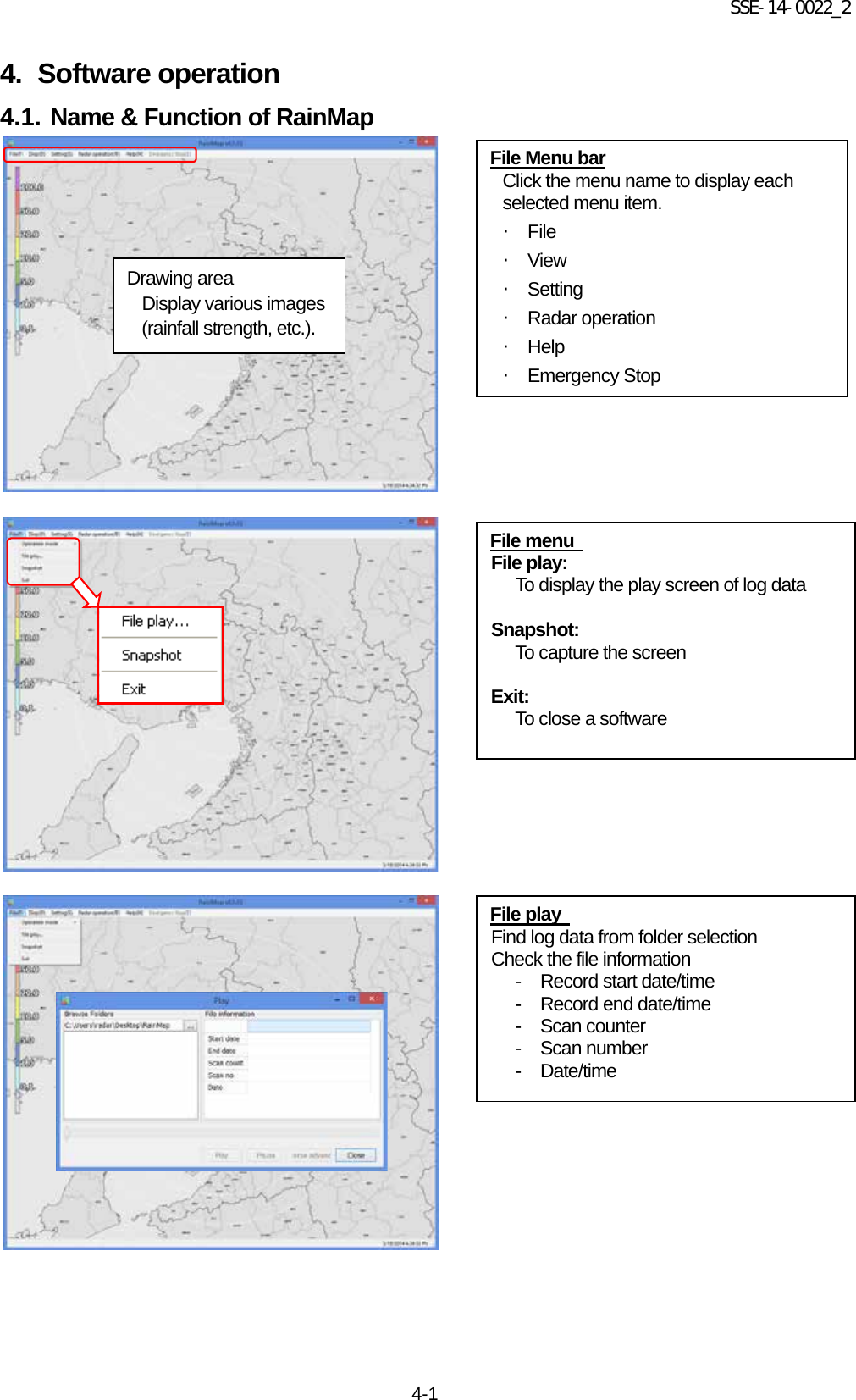 SSE-14-0022_2 4-1 4.  Software operation 4.1. Name &amp; Function of RainMap                                              File Menu bar Click the menu name to display each selected menu item.   ・ File ・ View ・ Setting ・ Radar operation ・ Help ・ Emergency Stop File menu   File play: To display the play screen of log data   Snapshot: To capture the screen   Exit: To close a software File play   Find log data from folder selection Check the file information -  Record start date/time -  Record end date/time -  Scan counter -  Scan number -  Date/time  Drawing area Display various images (rainfall strength, etc.).   