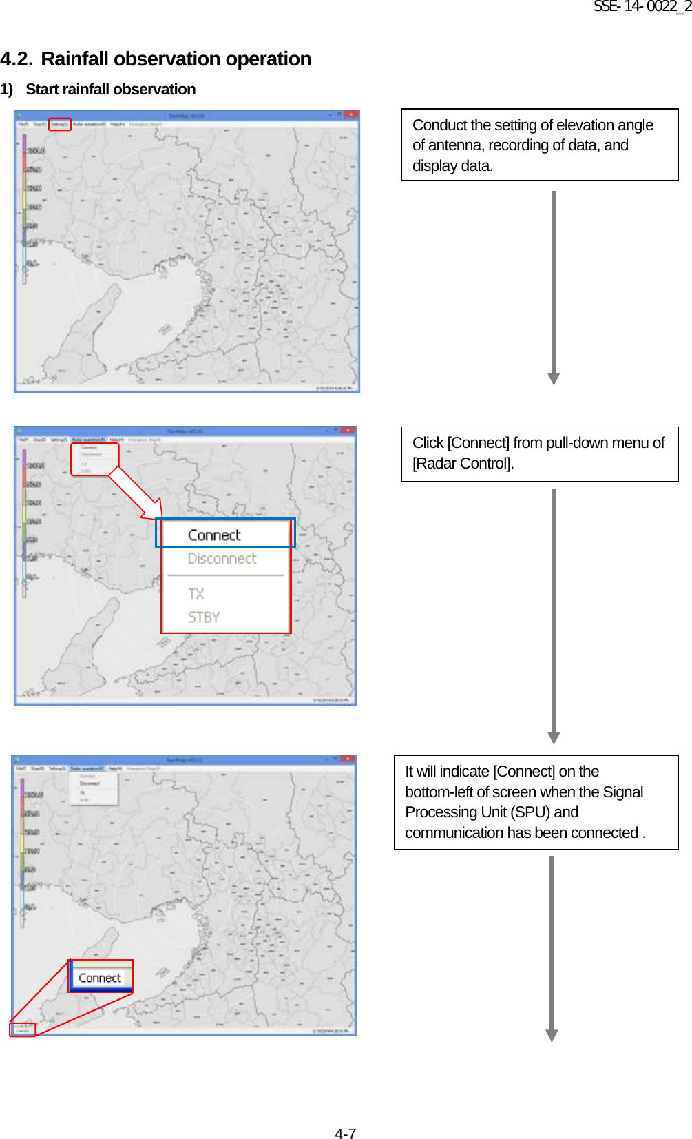 SSE-14-0022_2 4-7 4.2. Rainfall observation operation 1) Start rainfall observation                                                 Click [Connect] from pull-down menu of [Radar Control].   Conduct the setting of elevation angle of antenna, recording of data, and display data.   It will indicate [Connect] on the bottom-left of screen when the Signal Processing Unit (SPU) and communication has been connected . 