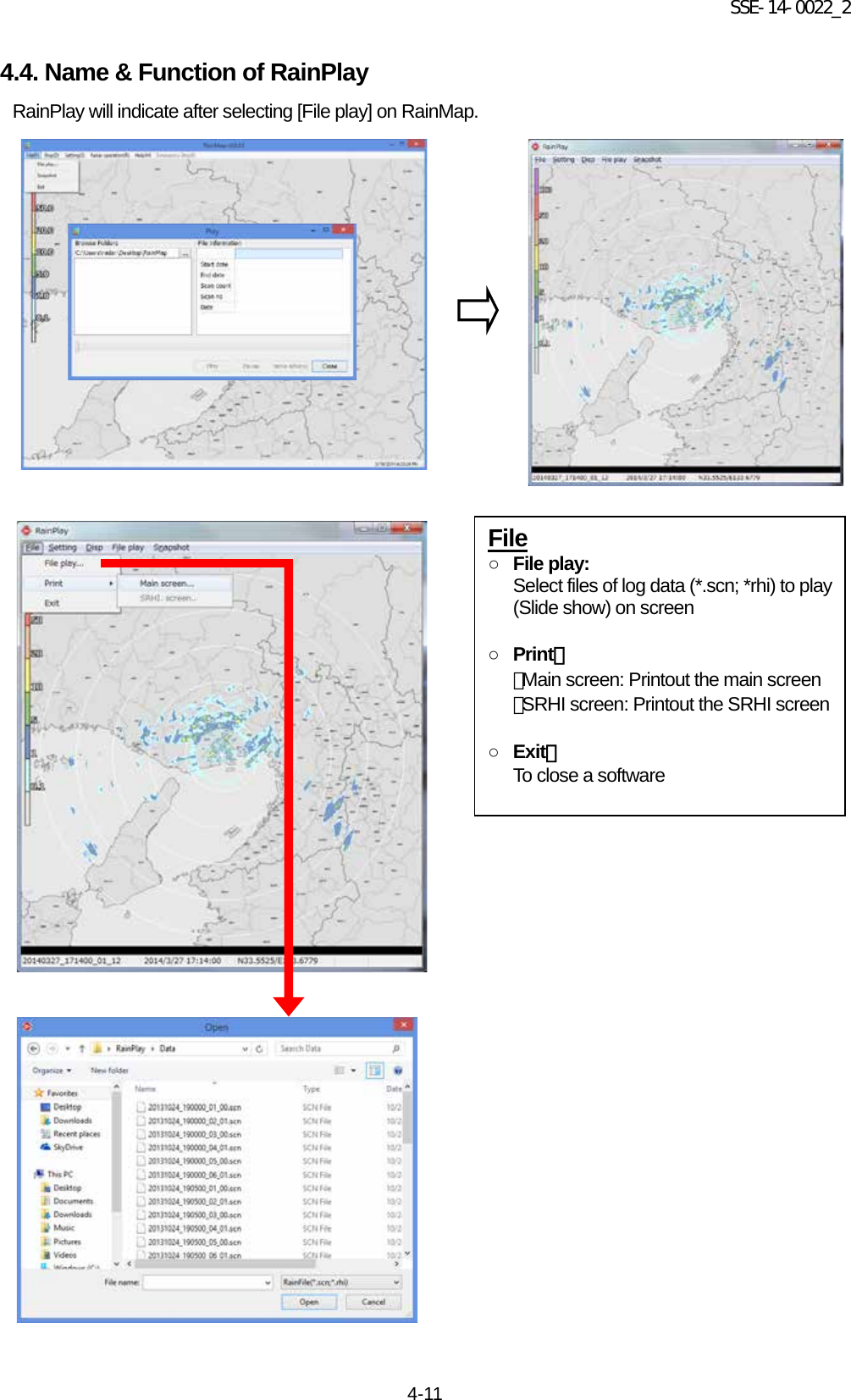 SSE-14-0022_2 4-11 4.4. Name &amp; Function of RainPlay RainPlay will indicate after selecting [File play] on RainMap.                                    File ○ File play: Select files of log data (*.scn; *rhi) to play (Slide show) on screen   ○ Print： ・Main screen: Printout the main screen ・SRHI screen: Printout the SRHI screen   ○ Exit： To close a software 