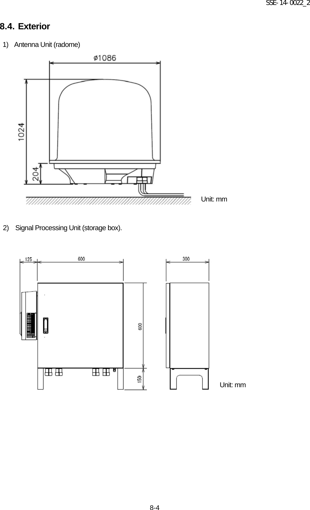 SSE-14-0022_2 8-4 8.4. Exterior  1) Antenna Unit (radome)                      2)  Signal Processing Unit (storage box).    Unit: mm Unit: mm 