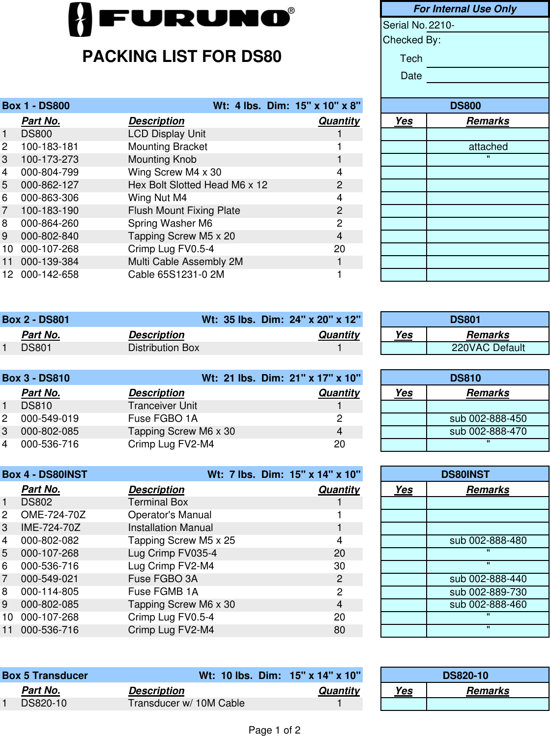 Page 1 of 2 - Furuno Furuno-Ds80-Packing-List- Packing List DS80  Furuno-ds80-packing-list