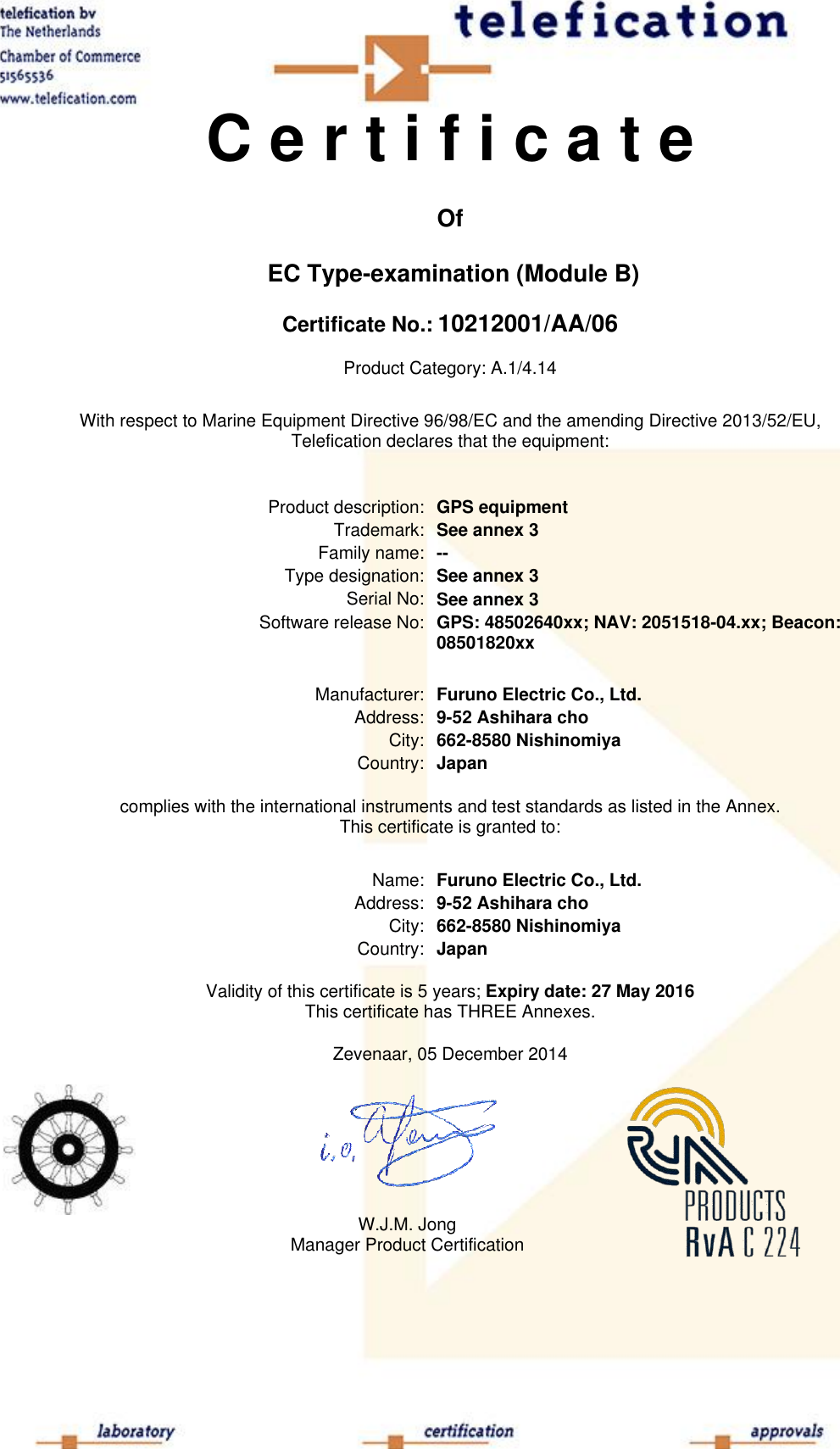 Page 1 of 5 - Furuno Furuno-Gp150-Certification- SOO  Furuno-gp150-certification