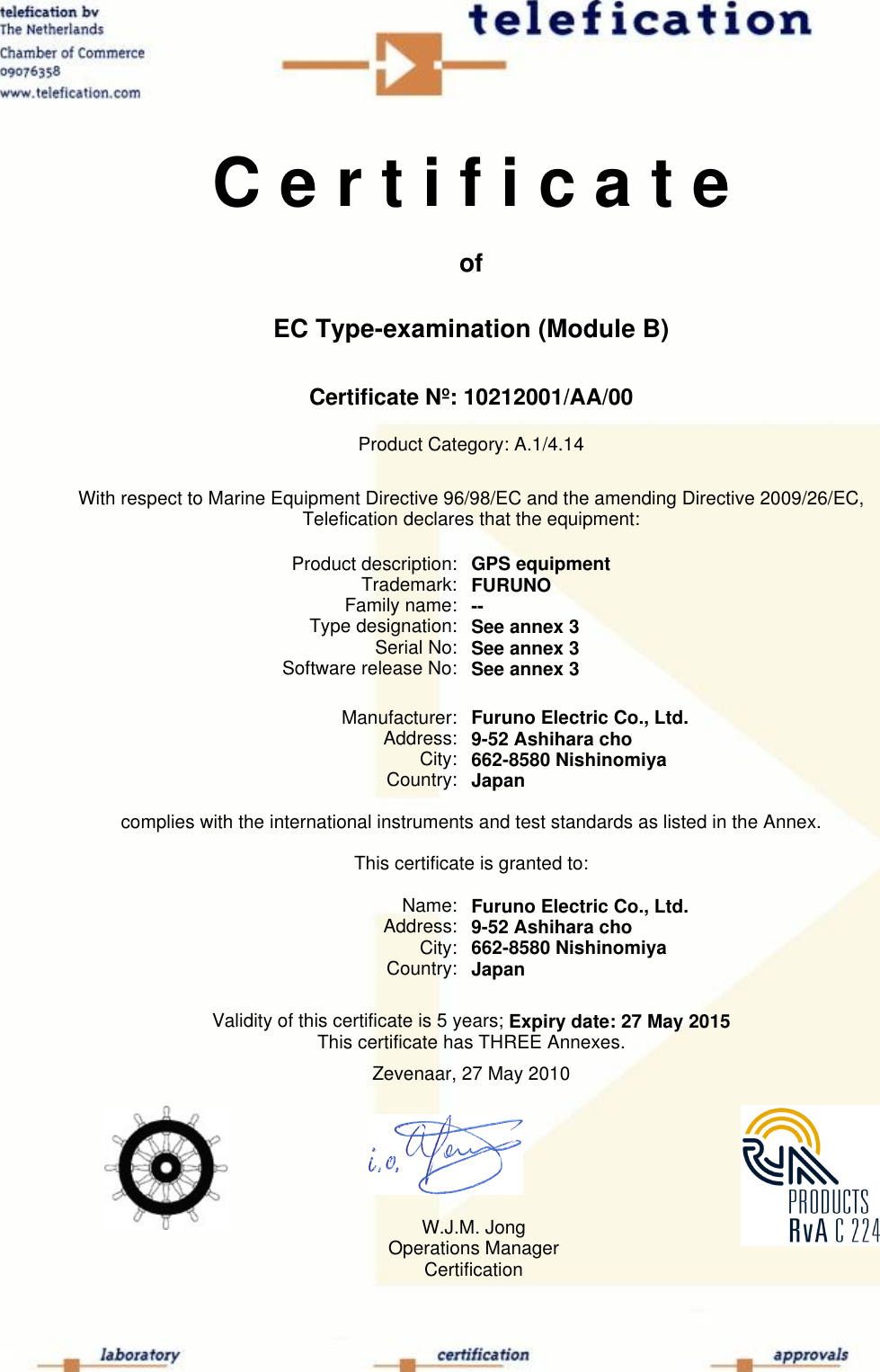 Page 1 of 5 - Furuno Furuno-Gp150-Certification-  Furuno-gp150-certification