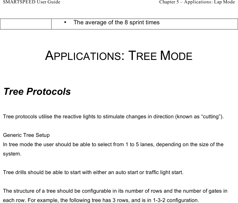 SMARTSPEED User Guide    Chapter 5 – Applications: Lap Mode •  The average of the 8 sprint times   APPLICATIONS: TREE MODE  Tree Protocols  Tree protocols utilise the reactive lights to stimulate changes in direction (known as “cutting”).  Generic Tree Setup In tree mode the user should be able to select from 1 to 5 lanes, depending on the size of the system.  Tree drills should be able to start with either an auto start or traffic light start.  The structure of a tree should be configurable in its number of rows and the number of gates in each row. For example, the following tree has 3 rows, and is in 1-3-2 configuration. 