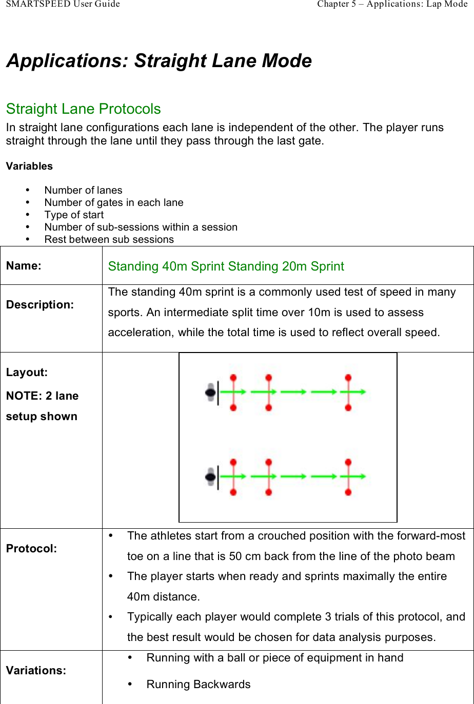 SMARTSPEED User Guide    Chapter 5 – Applications: Lap Mode Applications: Straight Lane Mode  Straight Lane Protocols In straight lane configurations each lane is independent of the other. The player runs straight through the lane until they pass through the last gate.  Variables  •  Number of lanes •  Number of gates in each lane •  Type of start •  Number of sub-sessions within a session •  Rest between sub sessions Name: Standing 40m Sprint Standing 20m Sprint Description: The standing 40m sprint is a commonly used test of speed in many sports. An intermediate split time over 10m is used to assess acceleration, while the total time is used to reflect overall speed. Layout: NOTE: 2 lane setup shown  Protocol: •  The athletes start from a crouched position with the forward-most toe on a line that is 50 cm back from the line of the photo beam  •  The player starts when ready and sprints maximally the entire 40m distance.  • Typically each player would complete 3 trials of this protocol, and the best result would be chosen for data analysis purposes. Variations: •  Running with a ball or piece of equipment in hand •  Running Backwards 