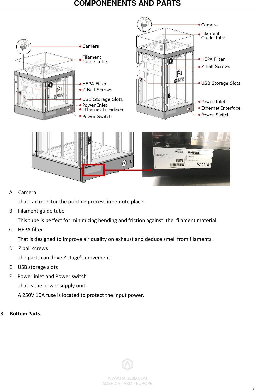 COMPONENENTS AND PARTS            WWW.RAISE3D.COM AMERICA · ASIA · EUROPE 7            A    Camera       That can monitor the printing process in remote place.    B    Filament guide tube       This tube is perfect for minimizing bending and friction against  the  filament material.     C    HEPA filter       That is designed to improve air quality on exhaust and deduce smell from filaments.    D    Z ball screws       The parts can drive Z stage’s movement.    E    USB storage slots      F  Power inlet and Power switch       That is the power supply unit.         A 250V 10A fuse is located to protect the input power.  3. Bottom Parts.  