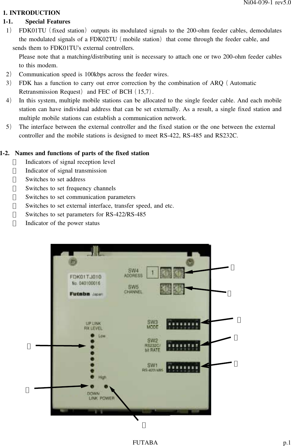 p.1FUTABANi04-009-1 rev5.01. INTRODUCTION1-1. Special Features1 FDK01TU fixed station outputs its modulated signals to the 200-ohm feeder cables, demodulates)()the modulated signals of a FDK02TU mobile station that come through the feeder cable, and()sends them to FDK01TU&apos;s external controllers.Please note that a matching/distributing unit is necessary to attach one or two 200-ohm feeder cablesto this modem.2 Communication speed is 100kbps across the feeder wires.)3 FDK has a function to carry out error correction by the combination of ARQ Automatic) (Retransmission Request and FEC of BCH 15,7 .)()4 In this system, multiple mobile stations can be allocated to the single feeder cable. And each mobile)station can have individual address that can be set externally. As a result, a single fixed station andmultiple mobile stations can establish a communication network.5 The interface between the external controller and the fixed station or the one between the external)controller and the mobile stations is designed to meet RS-422, RS-485 and RS232C.1-2. Names and functions of parts of the fixed station①Indicators of signal reception level②Indicator of signal transmission③Switches to set address④Switches to set frequency channels⑤Switches to set communication parameters⑥Switches to set external interface, transfer speed, and etc.⑦Switches to set parameters for RS-422/RS-485⑧Indicator of the power status③④⑤⑥①⑦②③
