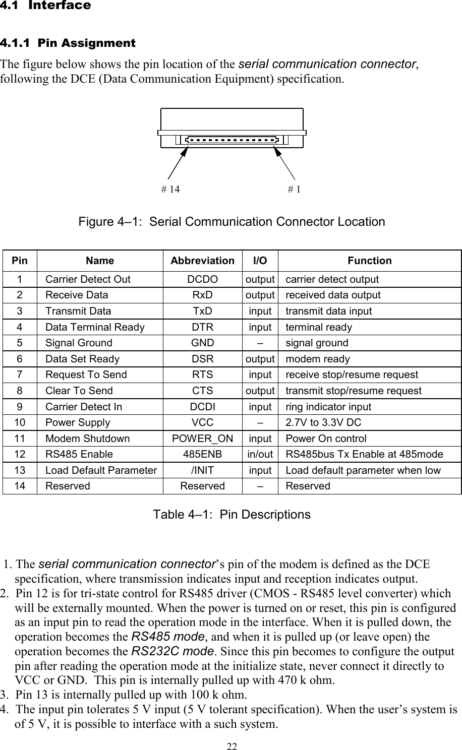   22 4.1  Interface 4.1.1  Pin Assignment The figure below shows the pin location of the serial communication connector, following the DCE (Data Communication Equipment) specification.           Figure 4–1:  Serial Communication Connector Location Pin Name  Abbreviation I/O  Function 1  Carrier Detect Out  DCDO  output  carrier detect output 2  Receive Data  RxD  output  received data output  3  Transmit Data  TxD  input  transmit data input  4  Data Terminal Ready  DTR  input  terminal ready 5  Signal Ground  GND  –  signal ground 6  Data Set Ready  DSR  output  modem ready 7  Request To Send  RTS  input  receive stop/resume request 8  Clear To Send  CTS  output  transmit stop/resume request 9  Carrier Detect In  DCDI  input  ring indicator input 10  Power Supply  VCC  –  2.7V to 3.3V DC 11  Modem Shutdown  POWER_ON input  Power On control 12  RS485 Enable  485ENB  in/out  RS485bus Tx Enable at 485mode 13  Load Default Parameter /INIT  input  Load default parameter when low 14  Reserved  Reserved  –  Reserved Table 4–1:  Pin Descriptions   1. The serial communication connector’s pin of the modem is defined as the DCE specification, where transmission indicates input and reception indicates output. 2.  Pin 12 is for tri-state control for RS485 driver (CMOS - RS485 level converter) which will be externally mounted. When the power is turned on or reset, this pin is configured as an input pin to read the operation mode in the interface. When it is pulled down, the operation becomes the RS485 mode, and when it is pulled up (or leave open) the operation becomes the RS232C mode. Since this pin becomes to configure the output pin after reading the operation mode at the initialize state, never connect it directly to VCC or GND.  This pin is internally pulled up with 470 k ohm. 3.  Pin 13 is internally pulled up with 100 k ohm. 4.  The input pin tolerates 5 V input (5 V tolerant specification). When the user’s system is of 5 V, it is possible to interface with a such system. # 1 # 14 