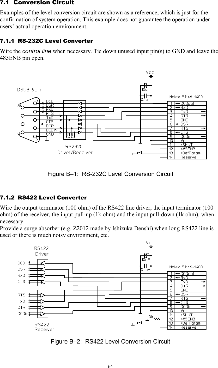   647.1  Conversion Circuit Examples of the level conversion circuit are shown as a reference, which is just for the confirmation of system operation. This example does not guarantee the operation under users’ actual operation environment. 7.1.1  RS-232C Level Converter Wire the control line when necessary. Tie down unused input pin(s) to GND and leave the 485ENB pin open.    Figure B–1:  RS-232C Level Conversion Circuit 7.1.2  RS422 Level Converter Wire the output terminator (100 ohm) of the RS422 line driver, the input terminator (100 ohm) of the receiver, the input pull-up (1k ohm) and the input pull-down (1k ohm), when necessary. Provide a surge absorber (e.g. Z2012 made by Ishizuka Denshi) when long RS422 line is used or there is much noisy environment, etc.  Figure B–2:  RS422 Level Conversion Circuit 