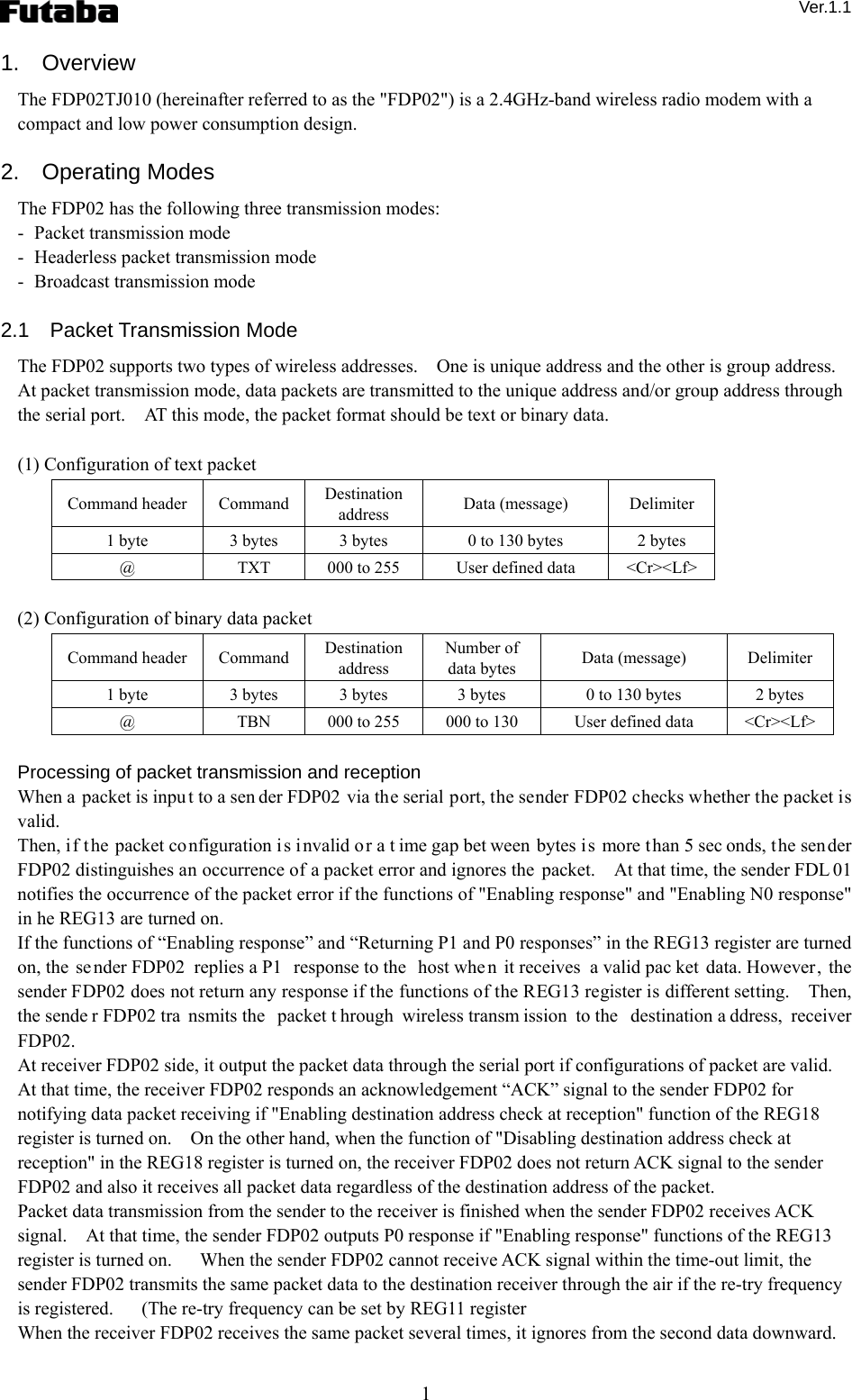  Ver.1.1 1 1.  Overview The FDP02TJ010 (hereinafter referred to as the &quot;FDP02&quot;) is a 2.4GHz-band wireless radio modem with a compact and low power consumption design.  2.  Operating Modes The FDP02 has the following three transmission modes: -   Packet transmission mode -   Headerless packet transmission mode -   Broadcast transmission mode  2.1  Packet Transmission Mode The FDP02 supports two types of wireless addresses.    One is unique address and the other is group address. At packet transmission mode, data packets are transmitted to the unique address and/or group address through the serial port.    AT this mode, the packet format should be text or binary data.      (1) Configuration of text packet Command header  Command  Destination address  Data (message)  Delimiter 1 byte  3 bytes  3 bytes  0 to 130 bytes  2 bytes @  TXT  000 to 255  User defined data  &lt;Cr&gt;&lt;Lf&gt;  (2) Configuration of binary data packet Command header  Command  Destination address Number of data bytes  Data (message)  Delimiter 1 byte  3 bytes  3 bytes  3 bytes  0 to 130 bytes  2 bytes @  TBN  000 to 255  000 to 130  User defined data  &lt;Cr&gt;&lt;Lf&gt;  Processing of packet transmission and reception When a packet is inpu t to a sen der FDP02 via the serial port, the sender FDP02 checks whether the packet is valid. Then, i f the packet co nfiguration is invalid or a t ime gap bet ween bytes i s more t han 5 sec onds, the sender FDP02 distinguishes an occurrence of a packet error and ignores the packet.    At that time, the sender FDL 01 notifies the occurrence of the packet error if the functions of &quot;Enabling response&quot; and &quot;Enabling N0 response&quot;   in he REG13 are turned on. If the functions of “Enabling response” and “Returning P1 and P0 responses” in the REG13 register are turned on, the  se nder FDP02 replies a P1  response to the  host whe n it receives  a valid pac ket data. However, the sender FDP02 does not return any response if the functions of the REG13 register is different setting.    Then, the sende r FDP02 tra nsmits the  packet t hrough wireless transm ission to the  destination a ddress, receiver FDP02. At receiver FDP02 side, it output the packet data through the serial port if configurations of packet are valid.     At that time, the receiver FDP02 responds an acknowledgement “ACK” signal to the sender FDP02 for notifying data packet receiving if &quot;Enabling destination address check at reception&quot; function of the REG18 register is turned on.    On the other hand, when the function of &quot;Disabling destination address check at reception&quot; in the REG18 register is turned on, the receiver FDP02 does not return ACK signal to the sender FDP02 and also it receives all packet data regardless of the destination address of the packet. Packet data transmission from the sender to the receiver is finished when the sender FDP02 receives ACK signal.    At that time, the sender FDP02 outputs P0 response if &quot;Enabling response&quot; functions of the REG13 register is turned on.      When the sender FDP02 cannot receive ACK signal within the time-out limit, the sender FDP02 transmits the same packet data to the destination receiver through the air if the re-try frequency is registered.      (The re-try frequency can be set by REG11 register When the receiver FDP02 receives the same packet several times, it ignores from the second data downward.   