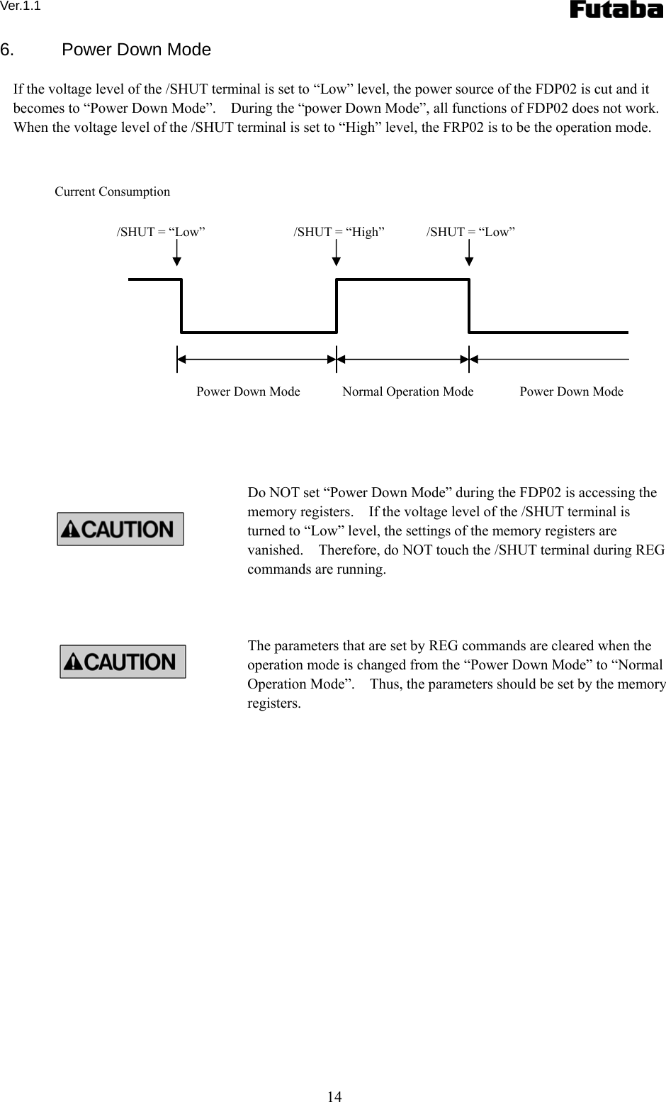 Ver.1.1 14 6.  Power Down Mode   If the voltage level of the /SHUT terminal is set to “Low” level, the power source of the FDP02 is cut and it becomes to “Power Down Mode”.    During the “power Down Mode”, all functions of FDP02 does not work.     When the voltage level of the /SHUT terminal is set to “High” level, the FRP02 is to be the operation mode.                   Do NOT set “Power Down Mode” during the FDP02 is accessing the memory registers.    If the voltage level of the /SHUT terminal is turned to “Low” level, the settings of the memory registers are vanished.    Therefore, do NOT touch the /SHUT terminal during REG commands are running.    The parameters that are set by REG commands are cleared when the operation mode is changed from the “Power Down Mode” to “Normal Operation Mode”.    Thus, the parameters should be set by the memory registers.      Current Consumption Power Down Mode  Normal Operation Mode  Power Down Mode /SHUT = “Low”  /SHUT = “Low” /SHUT = “High” 