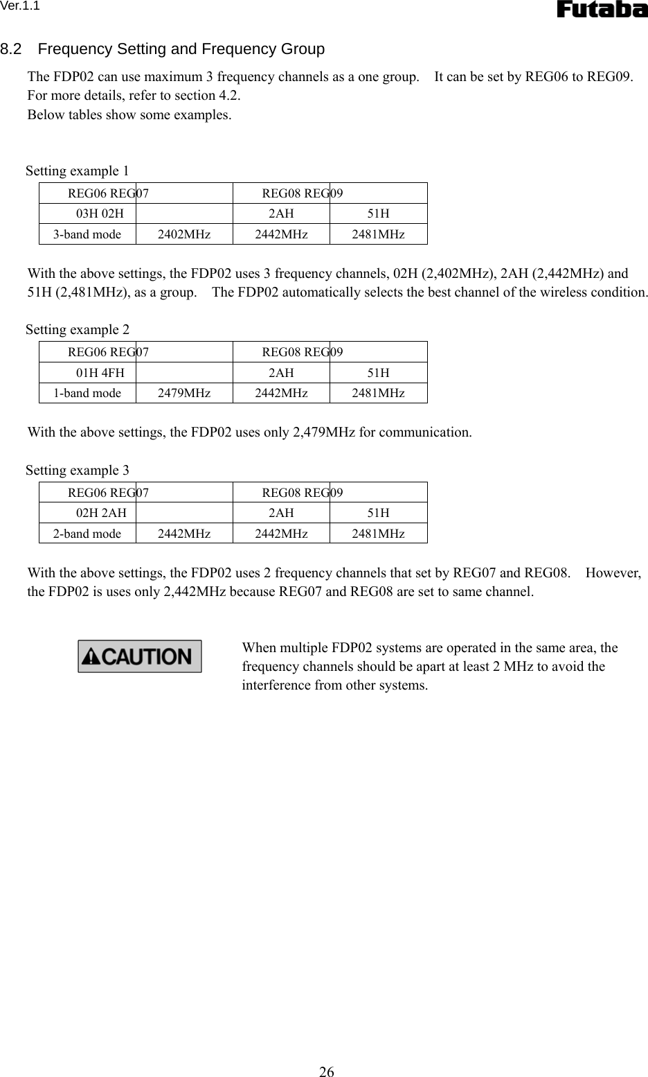 Ver.1.1 26 8.2    Frequency Setting and Frequency Group The FDP02 can use maximum 3 frequency channels as a one group.    It can be set by REG06 to REG09. For more details, refer to section 4.2.     Below tables show some examples.   Setting example 1 REG06 REG07  REG08 REG09 03H 02H  2AH 51H 3-band mode  2402MHz  2442MHz  2481MHz  With the above settings, the FDP02 uses 3 frequency channels, 02H (2,402MHz), 2AH (2,442MHz) and 51H (2,481MHz), as a group.    The FDP02 automatically selects the best channel of the wireless condition.      Setting example 2 REG06 REG07  REG08 REG09 01H 4FH  2AH 51H 1-band mode  2479MHz  2442MHz  2481MHz  With the above settings, the FDP02 uses only 2,479MHz for communication.      Setting example 3 REG06 REG07  REG08 REG09 02H 2AH  2AH 51H 2-band mode  2442MHz  2442MHz  2481MHz  With the above settings, the FDP02 uses 2 frequency channels that set by REG07 and REG08.    However, the FDP02 is uses only 2,442MHz because REG07 and REG08 are set to same channel.       When multiple FDP02 systems are operated in the same area, the frequency channels should be apart at least 2 MHz to avoid the interference from other systems.      