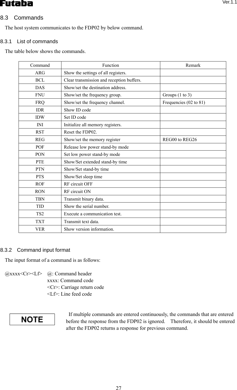  Ver.1.1 27 8.3  Commands The host system communicates to the FDP02 by below command.      8.3.1  List of commands The table below shows the commands.  Command  Function  Remark ARG  Show the settings of all registers.   BCL  Clear transmission and reception buffers.   DAS  Show/set the destination address.   FNU  Show/set the frequency group.  Groups (1 to 3) FRQ  Show/set the frequency channel.  Frequencies (02 to 81) IDR  Show ID code   IDW  Set ID code   INI  Initialize all memory registers.   RST  Reset the FDP02.   REG  Show/set the memory register    REG00 to REG26 POF  Release low power stand-by mode   PON  Set low power stand-by mode   PTE  Show/Set extended stand-by time   PTN  Show/Set stand-by time   PTS  Show/Set sleep time   ROF  RF circuit OFF   RON  RF circuit ON   TBN  Transmit binary data.   TID  Show the serial number.   TS2  Execute a communication test.   TXT  Transmit text data.   VER  Show version information.     8.3.2  Command input format The input format of a command is as follows:  @xxxx&lt;Cr&gt;&lt;Lf&gt;  @: Command header   xxxx: Command code   &lt;Cr&gt;: Carriage return code   &lt;Lf&gt;: Line feed code      If multiple commands are entered continuously, the commands that are entered before the response from the FDP02 is ignored.    Therefore, it should be entered after the FDP02 returns a response for previous command.      