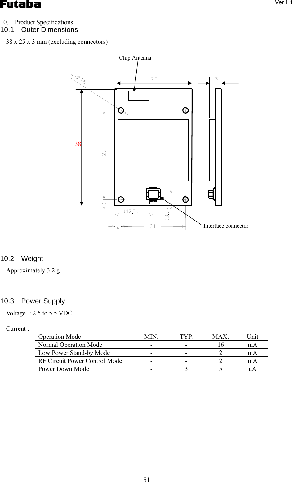  Ver.1.1 51 10.   Product Specifications 10.1  Outer Dimensions 38 x 25 x 3 mm (excluding connectors)                            10.2  Weight Approximately 3.2 g    10.3  Power Supply Voltage  : 2.5 to 5.5 VDC  Current :   Operation Mode  MIN.  TYP.  MAX.  Unit Normal Operation Mode  -  -  16  mA Low Power Stand-by Mode  -  -  2  mA RF Circuit Power Control Mode  -  -  2  mA Power Down Mode  -  3  5  uA   Chip Antenna Interface connector 38 