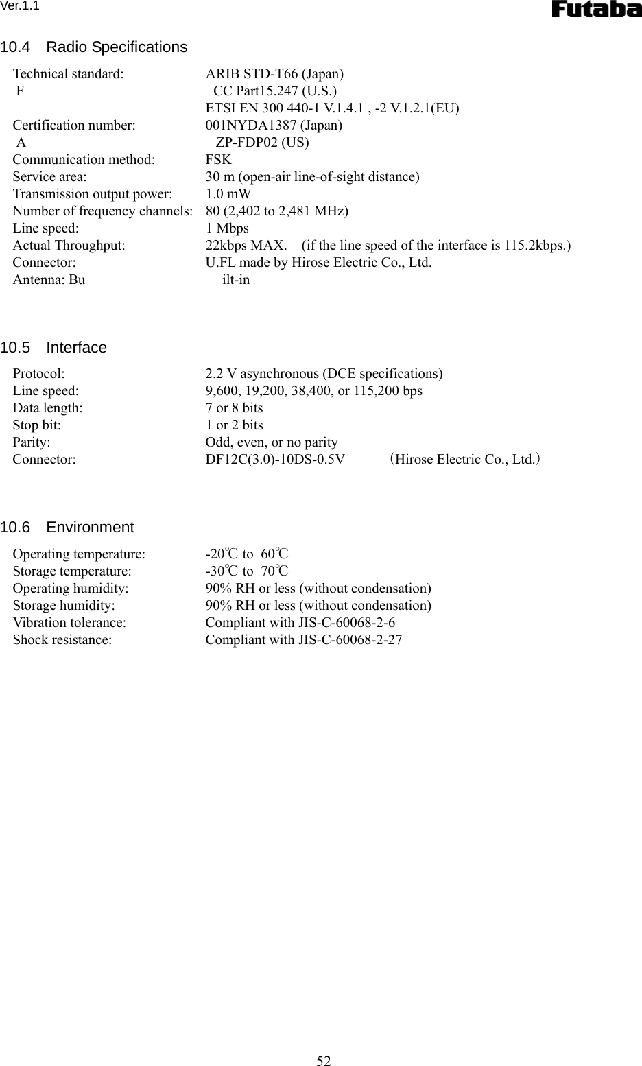 Ver.1.1 52 10.4  Radio Specifications Technical standard:    ARIB STD-T66 (Japan)  F CC Part15.247 (U.S.)   ETSI EN 300 440-1 V.1.4.1 , -2 V.1.2.1(EU) Certification number:    001NYDA1387 (Japan)  A ZP-FDP02 (US) Communication method:    FSK Service area:    30 m (open-air line-of-sight distance) Transmission output power:    1.0 mW Number of frequency channels:    80 (2,402 to 2,481 MHz) Line speed:  1 Mbps Actual Throughput:  22kbps MAX.    (if the line speed of the interface is 115.2kbps.) Connector:    U.FL made by Hirose Electric Co., Ltd. Antenna: Bu ilt-in    10.5  Interface Protocol:    2.2 V asynchronous (DCE specifications) Line speed:    9,600, 19,200, 38,400, or 115,200 bps Data length:    7 or 8 bits Stop bit:    1 or 2 bits Parity:    Odd, even, or no parity Connector:   DF12C(3.0)-10DS-0.5V   （Hirose Electric Co., Ltd.）    10.6  Environment Operating temperature:    -20℃ to 60℃ Storage temperature:    -30℃ to 70℃ Operating humidity:    90% RH or less (without condensation) Storage humidity:    90% RH or less (without condensation) Vibration tolerance:    Compliant with JIS-C-60068-2-6 Shock resistance:    Compliant with JIS-C-60068-2-27 