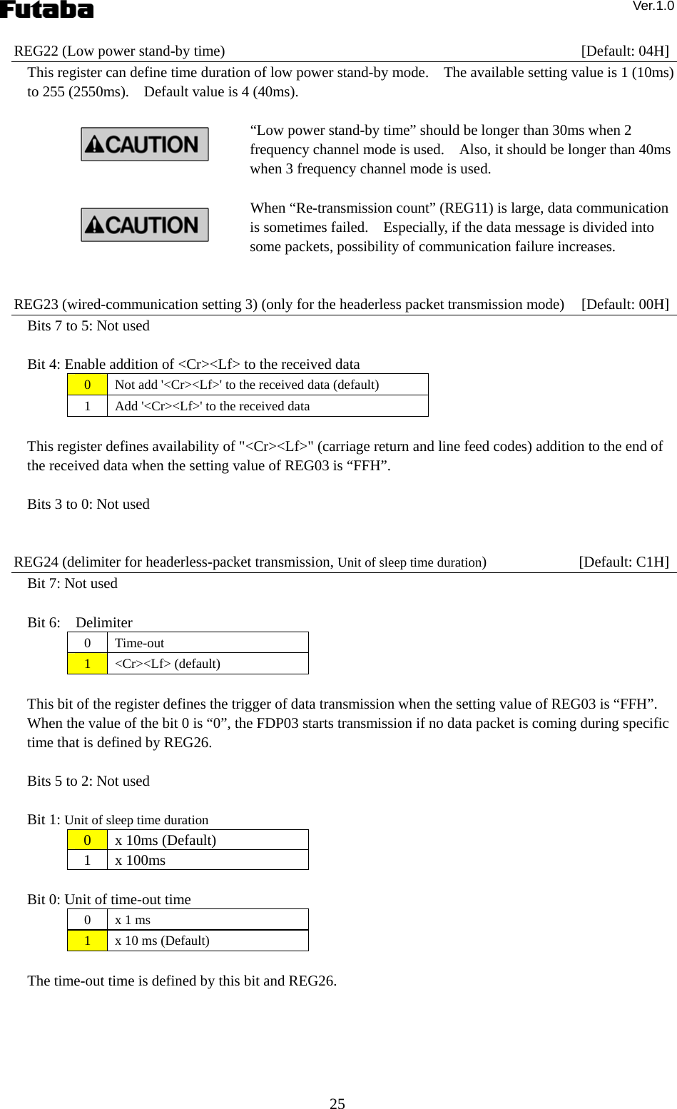 Ver.1.0 25 REG22 (Low power stand-by time)    [Default: 04H] This register can define time duration of low power stand-by mode.    The available setting value is 1 (10ms) to 255 (2550ms).    Default value is 4 (40ms).  “Low power stand-by time” should be longer than 30ms when 2 frequency channel mode is used.    Also, it should be longer than 40ms when 3 frequency channel mode is used.  When “Re-transmission count” (REG11) is large, data communication is sometimes failed.    Especially, if the data message is divided into some packets, possibility of communication failure increases.   REG23 (wired-communication setting 3) (only for the headerless packet transmission mode)    [Default: 00H] Bits 7 to 5: Not used  Bit 4: Enable addition of &lt;Cr&gt;&lt;Lf&gt; to the received data 0  Not add &apos;&lt;Cr&gt;&lt;Lf&gt;&apos; to the received data (default) 1  Add &apos;&lt;Cr&gt;&lt;Lf&gt;&apos; to the received data  This register defines availability of &quot;&lt;Cr&gt;&lt;Lf&gt;&quot; (carriage return and line feed codes) addition to the end of the received data when the setting value of REG03 is “FFH”.      Bits 3 to 0: Not used   REG24 (delimiter for headerless-packet transmission, Unit of sleep time duration)   [Default: C1H] Bit 7: Not used  Bit 6:    Delimiter 0 Time-out 1 &lt;Cr&gt;&lt;Lf&gt; (default)  This bit of the register defines the trigger of data transmission when the setting value of REG03 is “FFH”. When the value of the bit 0 is “0”, the FDP03 starts transmission if no data packet is coming during specific time that is defined by REG26.      Bits 5 to 2: Not used  Bit 1: Unit of sleep time duration 0 x 10ms (Default) 1 x 100ms  Bit 0: Unit of time-out time 0  x 1 ms 1  x 10 ms (Default)  The time-out time is defined by this bit and REG26.   