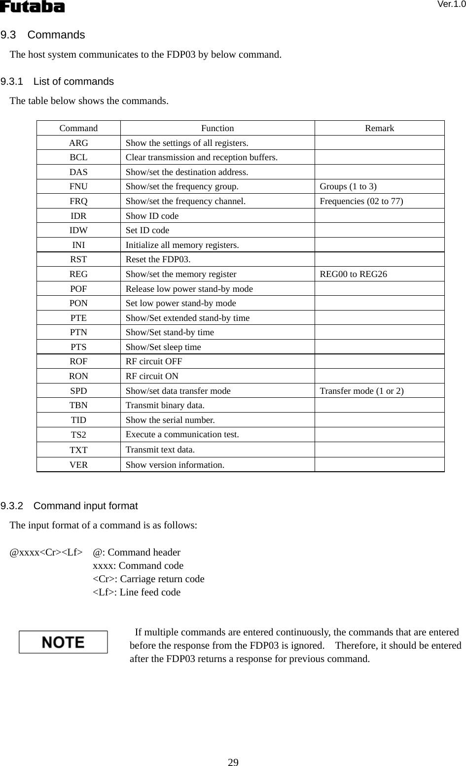 Ver.1.0 29 9.3  Commands The host system communicates to the FDP03 by below command.      9.3.1  List of commands The table below shows the commands.  Command  Function  Remark ARG  Show the settings of all registers.   BCL  Clear transmission and reception buffers.   DAS  Show/set the destination address.   FNU  Show/set the frequency group.  Groups (1 to 3) FRQ  Show/set the frequency channel.  Frequencies (02 to 77) IDR  Show ID code   IDW  Set ID code   INI  Initialize all memory registers.   RST  Reset the FDP03.   REG  Show/set the memory register    REG00 to REG26 POF  Release low power stand-by mode   PON  Set low power stand-by mode   PTE  Show/Set extended stand-by time   PTN  Show/Set stand-by time   PTS  Show/Set sleep time   ROF  RF circuit OFF   RON  RF circuit ON   SPD  Show/set data transfer mode  Transfer mode (1 or 2) TBN  Transmit binary data.   TID  Show the serial number.   TS2  Execute a communication test.   TXT  Transmit text data.   VER  Show version information.     9.3.2  Command input format The input format of a command is as follows:  @xxxx&lt;Cr&gt;&lt;Lf&gt;  @: Command header   xxxx: Command code   &lt;Cr&gt;: Carriage return code   &lt;Lf&gt;: Line feed code      If multiple commands are entered continuously, the commands that are entered before the response from the FDP03 is ignored.    Therefore, it should be entered after the FDP03 returns a response for previous command.      