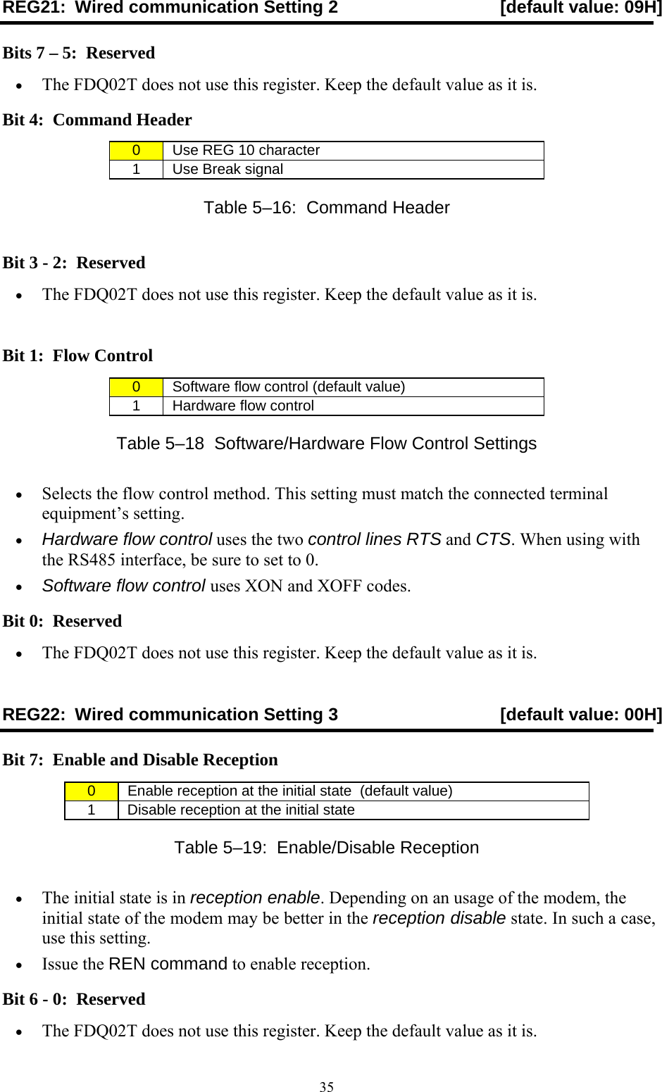  35REG21:  Wired communication Setting 2  [default value: 09H] Bits 7 – 5:  Reserved •  The FDQ02T does not use this register. Keep the default value as it is. Bit 4:  Command Header 0   Use REG 10 character 1   Use Break signal Table 5–16:  Command Header Bit 3 - 2:  Reserved  •  The FDQ02T does not use this register. Keep the default value as it is.  Bit 1:  Flow Control 0   Software flow control (default value) 1   Hardware flow control Table 5–18  Software/Hardware Flow Control Settings •  Selects the flow control method. This setting must match the connected terminal equipment’s setting. •  Hardware flow control uses the two control lines RTS and CTS. When using with the RS485 interface, be sure to set to 0. •  Software flow control uses XON and XOFF codes. Bit 0:  Reserved  •  The FDQ02T does not use this register. Keep the default value as it is. REG22:  Wired communication Setting 3  [default value: 00H] Bit 7:  Enable and Disable Reception 0   Enable reception at the initial state  (default value) 1   Disable reception at the initial state  Table 5–19:  Enable/Disable Reception •  The initial state is in reception enable. Depending on an usage of the modem, the initial state of the modem may be better in the reception disable state. In such a case, use this setting. •  Issue the REN command to enable reception. Bit 6 - 0:  Reserved •  The FDQ02T does not use this register. Keep the default value as it is. 