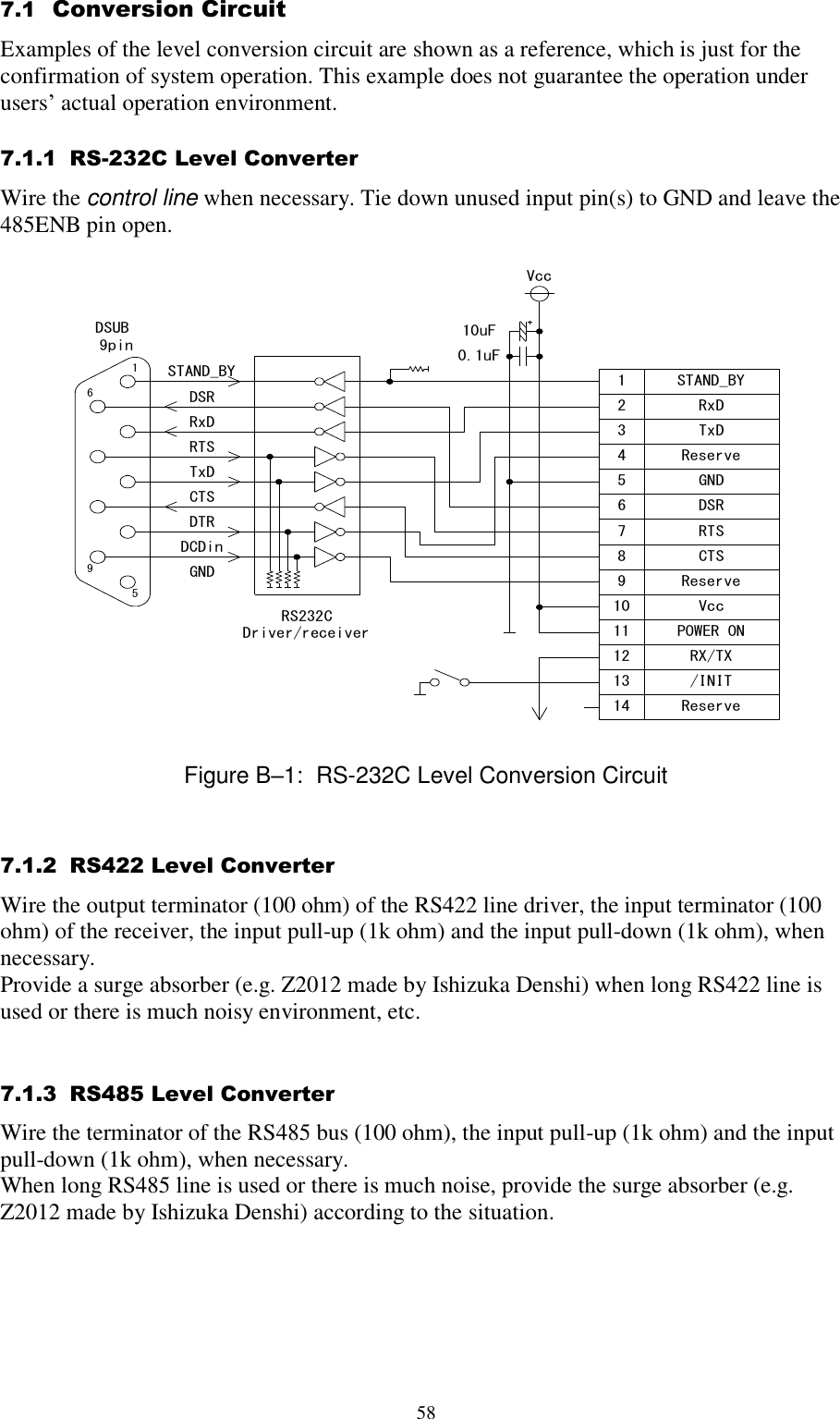  58 7.1  Conversion Circuit Examples of the level conversion circuit are shown as a reference, which is just for the confirmation of system operation. This example does not guarantee the operation under users’ actual operation environment. 7.1.1  RS-232C Level Converter Wire the control line when necessary. Tie down unused input pin(s) to GND and leave the 485ENB pin open.  1596STAND_BYDSRRxDRTSTxDCTSDTRDCDinGNDDSUB 9pinRS232CDriver/receiver1234567891011121314Vcc10uF0.1uFRxDTxDGNDDSRRTSCTSVccPOWER ONRX/TX/INITReserveSTAND_BYReserveReserve  Figure B–1:  RS-232C Level Conversion Circuit 7.1.2  RS422 Level Converter Wire the output terminator (100 ohm) of the RS422 line driver, the input terminator (100 ohm) of the receiver, the input pull-up (1k ohm) and the input pull-down (1k ohm), when necessary. Provide a surge absorber (e.g. Z2012 made by Ishizuka Denshi) when long RS422 line is used or there is much noisy environment, etc.  7.1.3  RS485 Level Converter Wire the terminator of the RS485 bus (100 ohm), the input pull-up (1k ohm) and the input pull-down (1k ohm), when necessary. When long RS485 line is used or there is much noise, provide the surge absorber (e.g. Z2012 made by Ishizuka Denshi) according to the situation.     