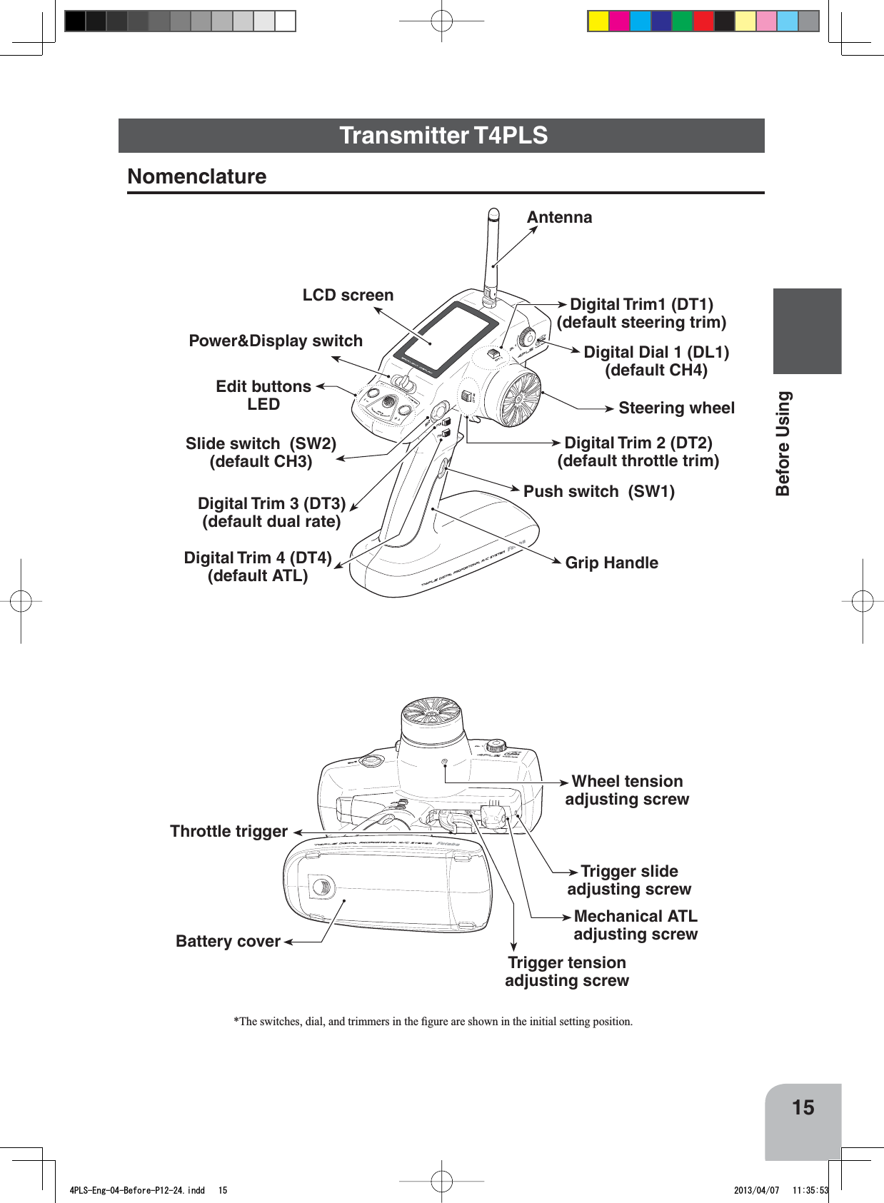 15Before Using7KHVZLWFKHVGLDODQGWULPPHUVLQWKH¿JXUHDUHVKRZQLQWKHLQLWLDOVHWWLQJSRVLWLRQAntennaDigital Dial 1 (DL1)(default CH4)Mechanical ATLadjusting screwThrottle triggerPower&amp;Display switch Digital Trim 2 (DT2)(default throttle trim)Digital Trim 4 (DT4)(default ATL)Digital Trim 3 (DT3)(default dual rate)Grip HandleDigital Trim1 (DT1)(default steering trim) Steering wheelPush switch  (SW1)Slide switch  (SW2)(default CH3)LCD screenEdit buttonsLEDNomenclature Transmitter T4PLSWheel tensionadjusting screwTrigger tensionadjusting screwBattery coverTrigger slide adjusting screw4PLS-Eng-04-Before-P12-24.indd   15 2013/04/07   11:35:53