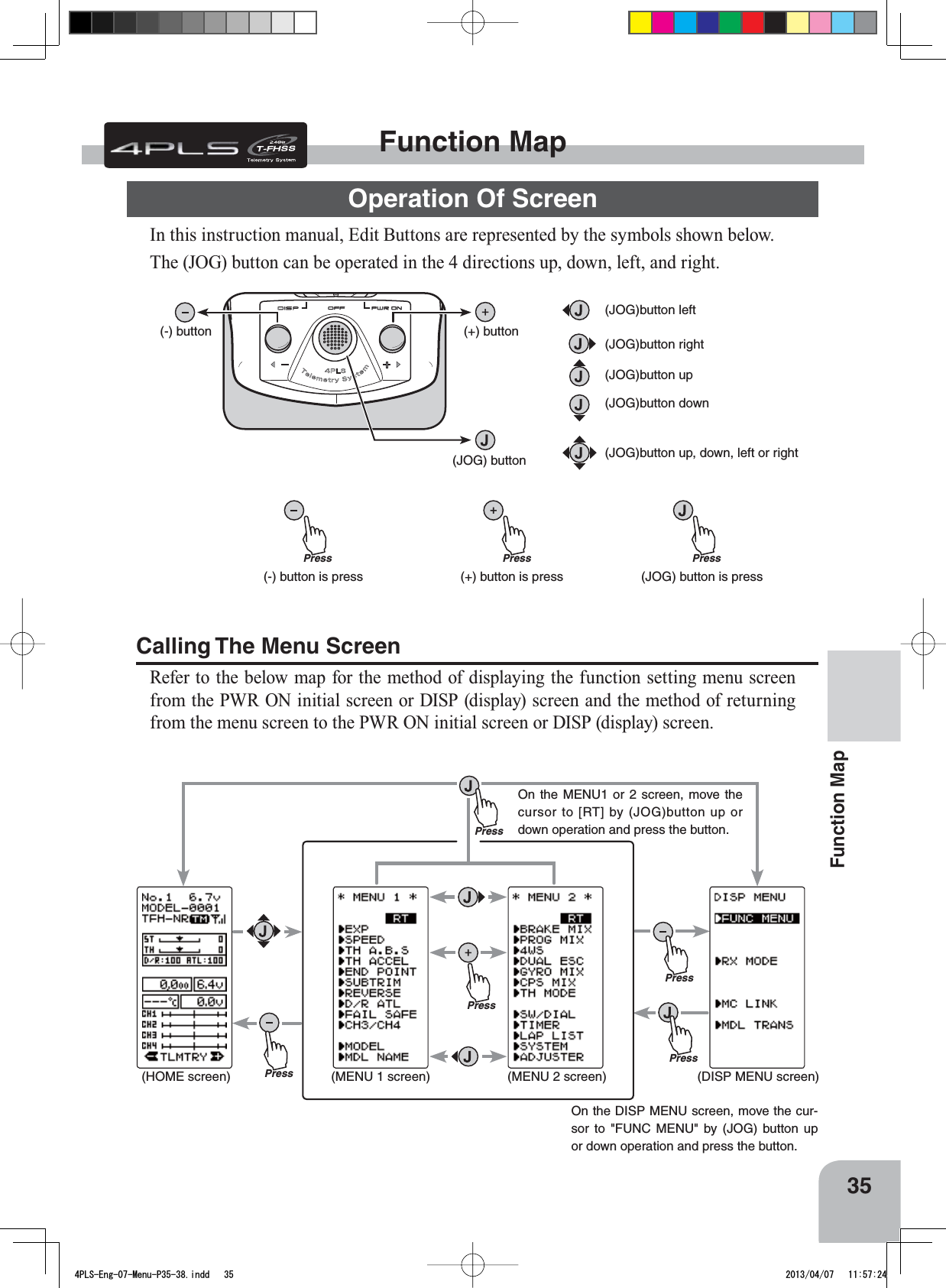 (+) button is pressPress(-) button is pressPress(JOG) button is press(+) button(-) button(JOG) buttonPress(JOG)button up(JOG)button down(JOG)button left(JOG)button right(JOG)button up, down, left or right PressPressPressPressPress(DISP MENU screen)(MENU 2 screen)(MENU 1 screen)(HOME screen)On the MENU1 or 2 screen, move the cursor to [RT] by (JOG)button up or down operation and press the button.On the DISP MENU screen, move the cur-sor to &quot;FUNC MENU&quot; by (JOG) button up or down operation and press the button.35Function MapFunction MapOperation Of ScreenIn this instruction manual, Edit Buttons are represented by the symbols shown below.The (JOG) button can be operated in the 4 directions up, down, left, and right.Calling The Menu ScreenRefer to the below map for the method of displaying the function setting menu screen from the PWR ON initial screen or DISP (display) screen and the method of returning from the menu screen to the PWR ON initial screen or DISP (display) screen.4PLS-Eng-07-Menu-P35-38.indd   35 2013/04/07   11:57:24