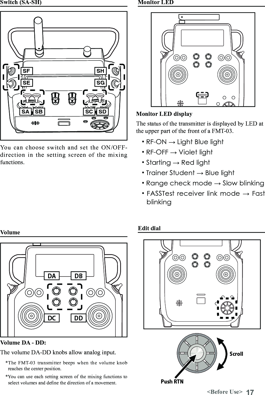 17&lt;Before Use&gt;Switch (SA-SH) You  can  choose  switch  and  set  the  ON/OFF-direction  in  the  setting  screen  of  the  mixing functions.VolumeVolume DA - DD:The volume DA-DD knobs allow analog input. *The FMT-03 transmitter beeps when the volume knob reaches the center position.*You can use each setting screen of the mixing functions to select volumes and dene the direction of a movement.DADCDBDDSA SCSF SHSE SGSB SDMonitor LED• RF-ON → Light Blue light• RF-OFF → Violet light• Starting → Red light• Trainer Student → Blue light• Range check mode → Slow blinking• FASSTest receiver link mode → Fast blinking Monitor LED displayThe status of the transmitter is displayed by LED at the upper part of the front of a FMT-03.Edit dialScroll Push RTN 